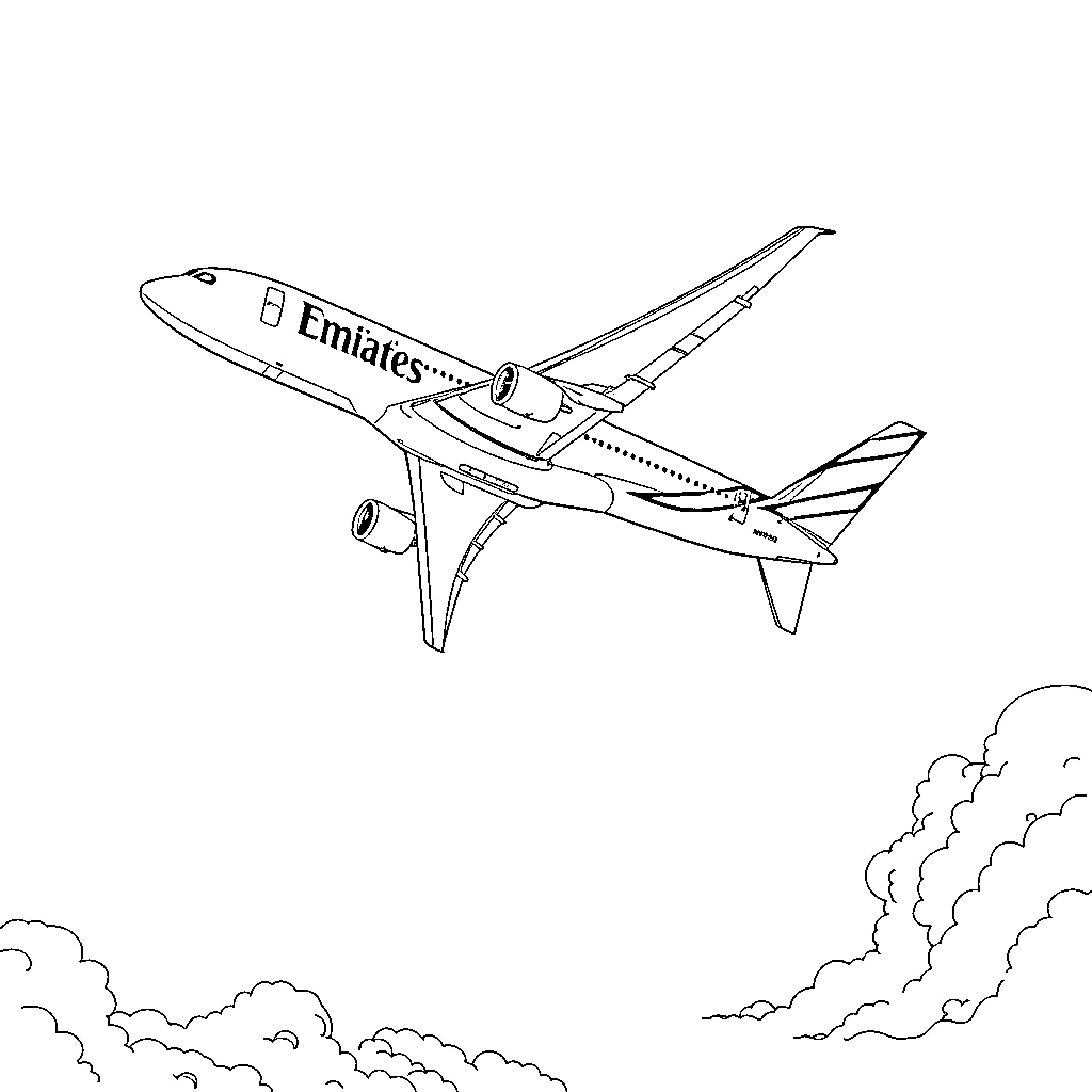 Airplane in flight over cloudy sky Coloring Page (free black-and-white line drawing printable PDF for all, from beginners to advanced learners, including children, teens, adults, and seniors)