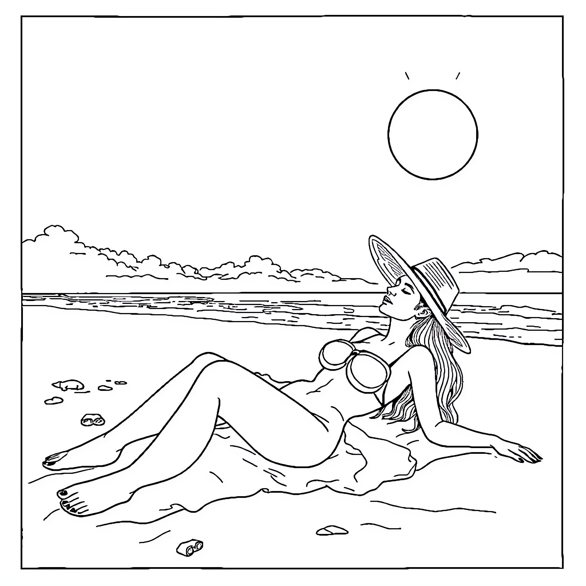 Woman relaxing on the beach Coloring Page (free black-and-white line drawing printable PDF for all, from beginners to advanced learners, including children, teens, adults, and seniors)