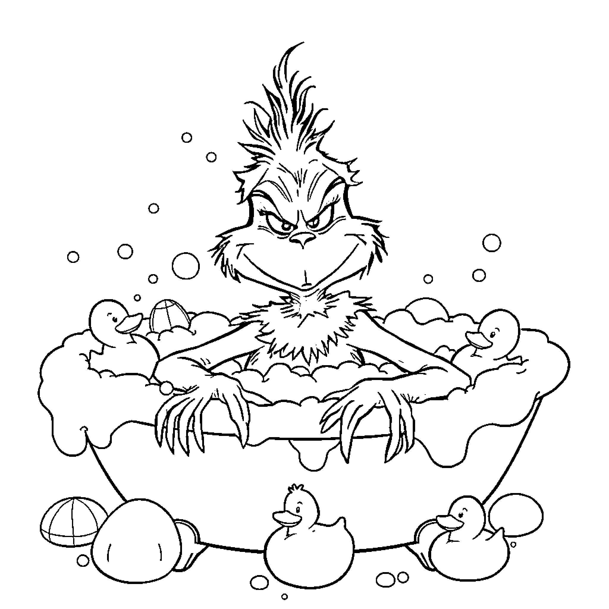 Grinch relaxes in a bubble bath with toy ducks Coloring Page (free black-and-white line drawing printable PDF for all, from beginners to advanced learners, including children, teens, adults, and seniors)
