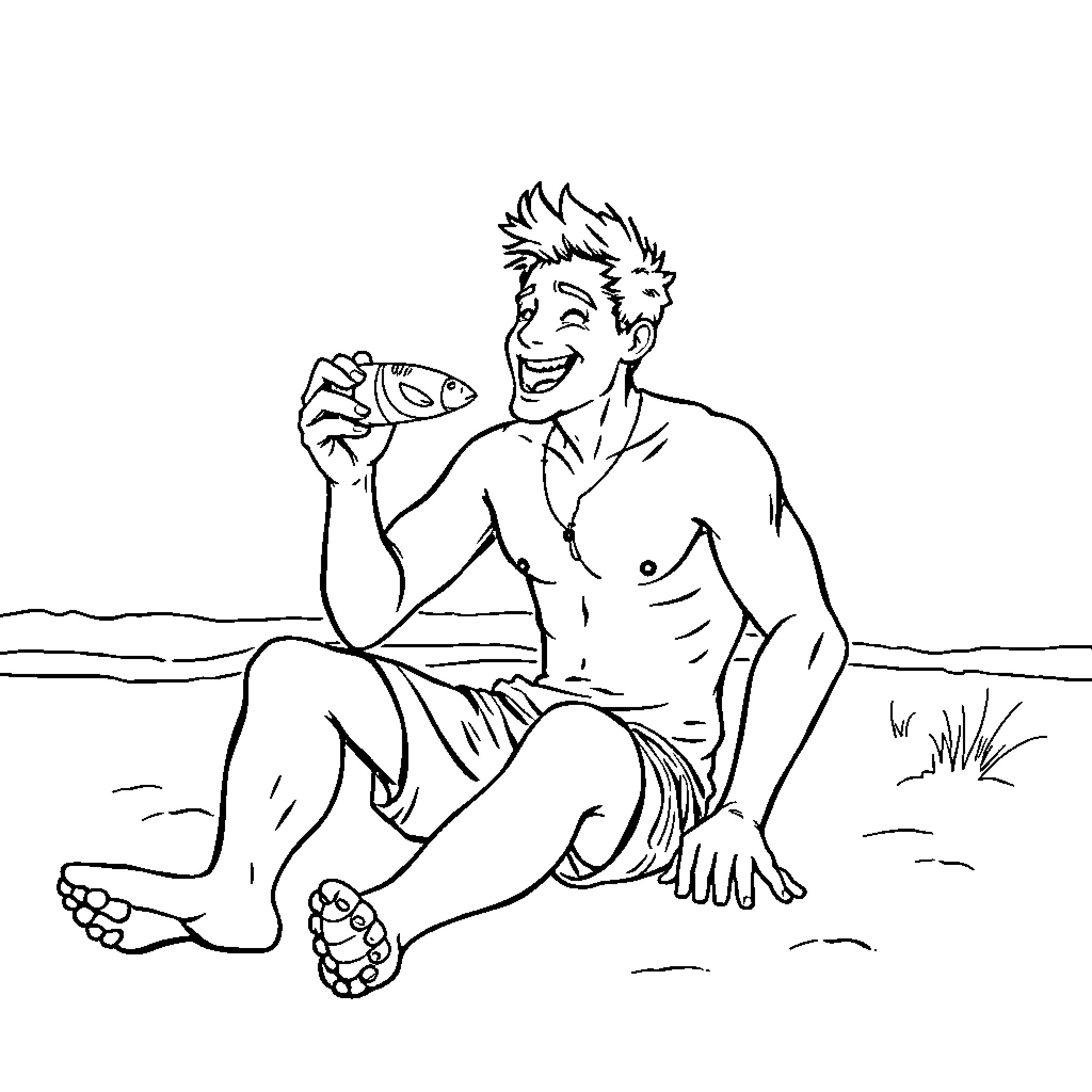 Guy laughing and relaxing on the beach Coloring Page (free black-and-white line drawing printable PDF for all, from beginners to advanced learners, including children, teens, adults, and seniors)