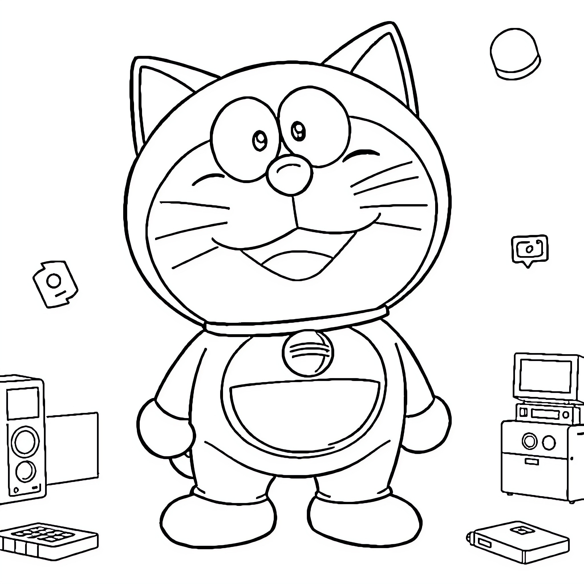 Doraemon surrounded by electronics in a room Coloring Page (free black-and-white line drawing printable PDF for all, from beginners to advanced learners, including children, teens, adults, and seniors)