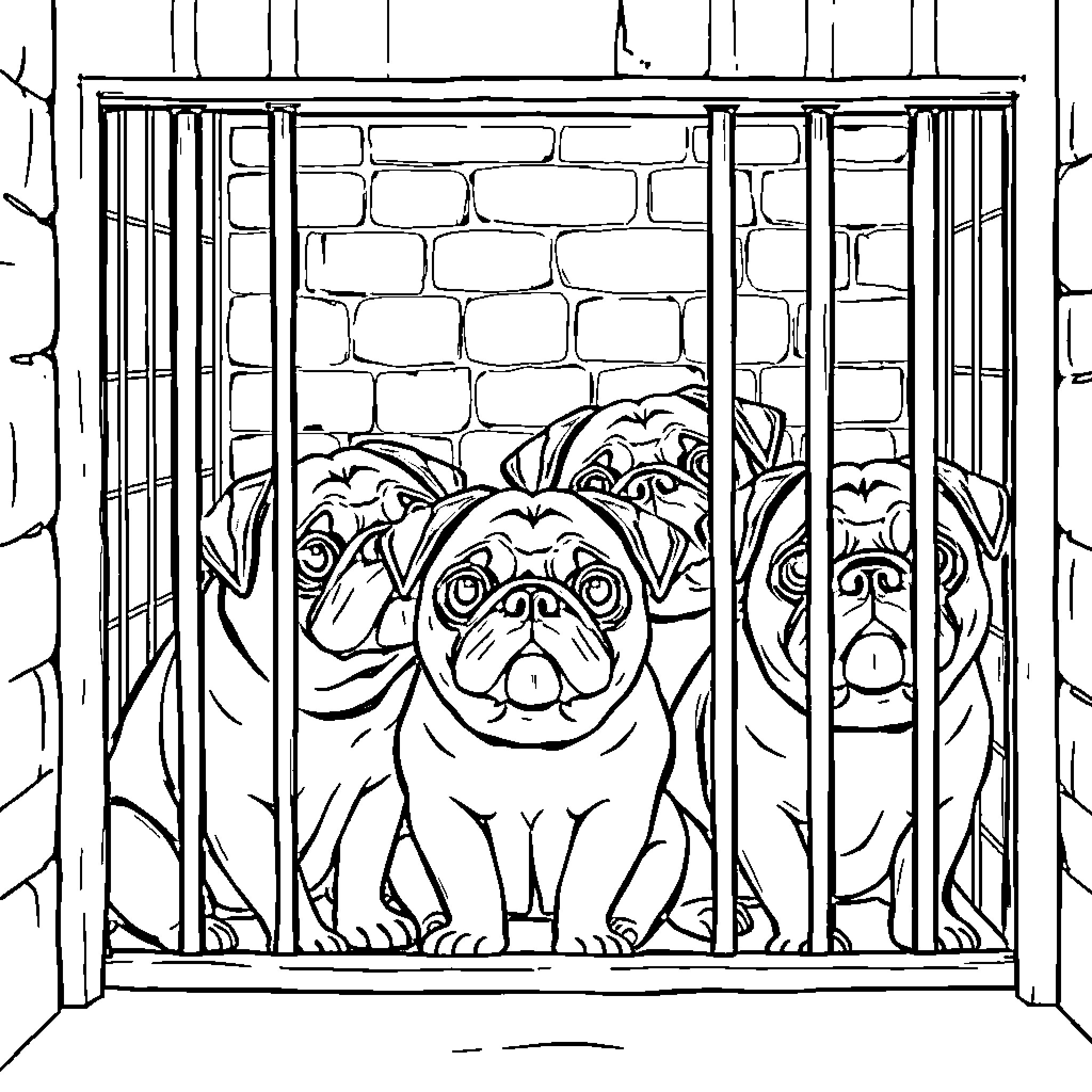 Pugs Behind Bars: Canine Captivity Scene Coloring Page (free black-and-white line drawing printable PDF for all, from beginners to advanced learners, including children, teens, adults, and seniors)