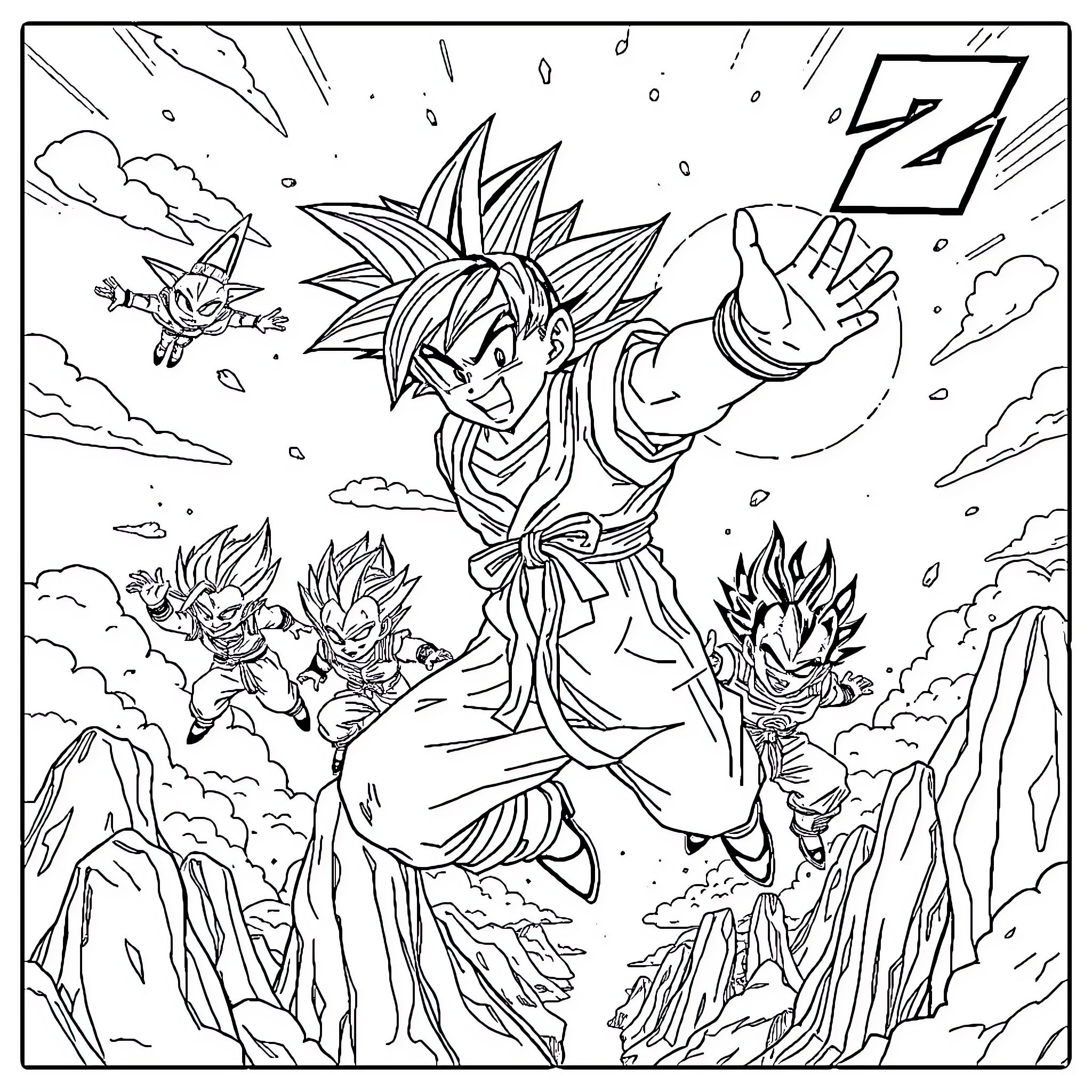 Dragon Ball Characters in Dramatic Battle Poses Coloring Page (free black-and-white line drawing printable PDF for all, from beginners to advanced learners, including children, teens, adults, and seniors)