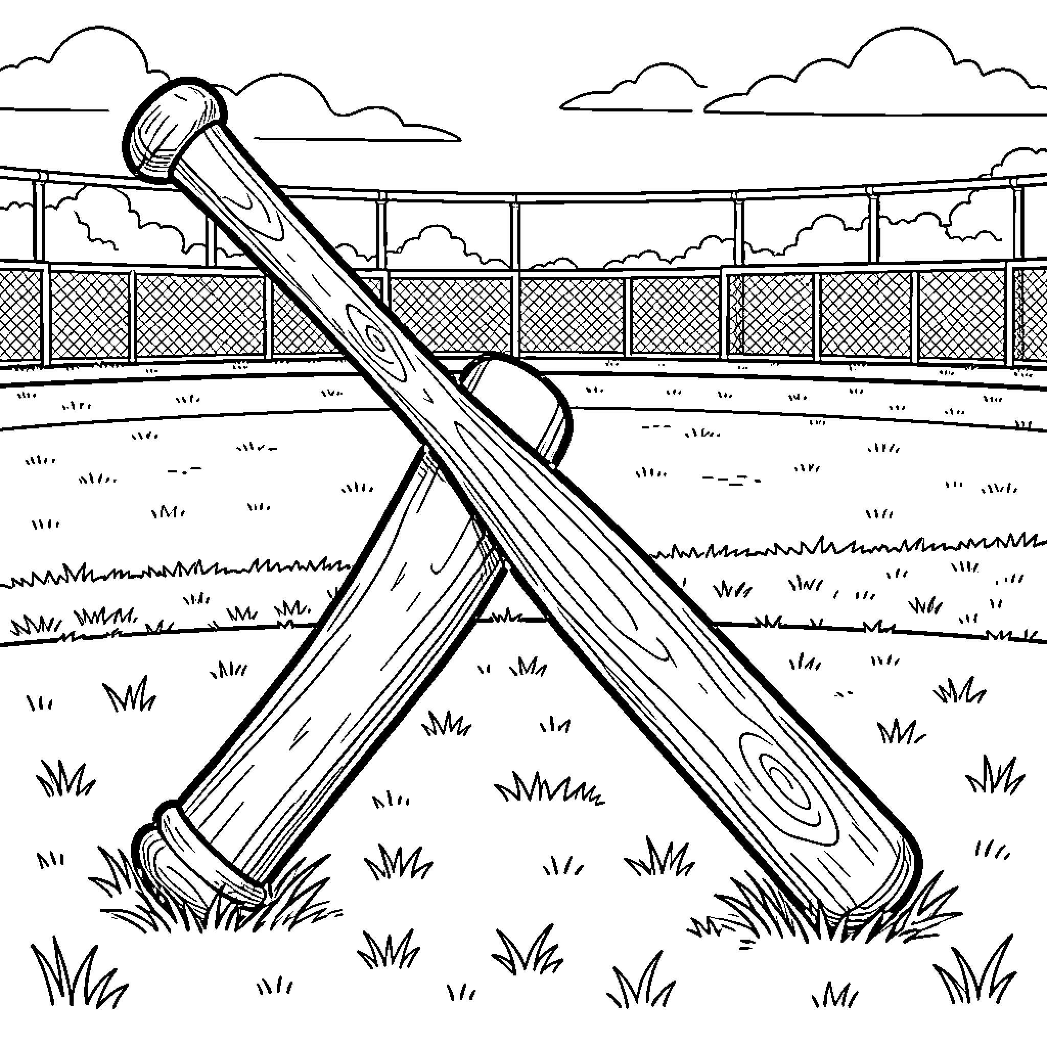 Baseball Bat Crossed on Baseball Field Coloring Page (free black-and-white line drawing printable PDF for all, from beginners to advanced learners, including children, teens, adults, and seniors)