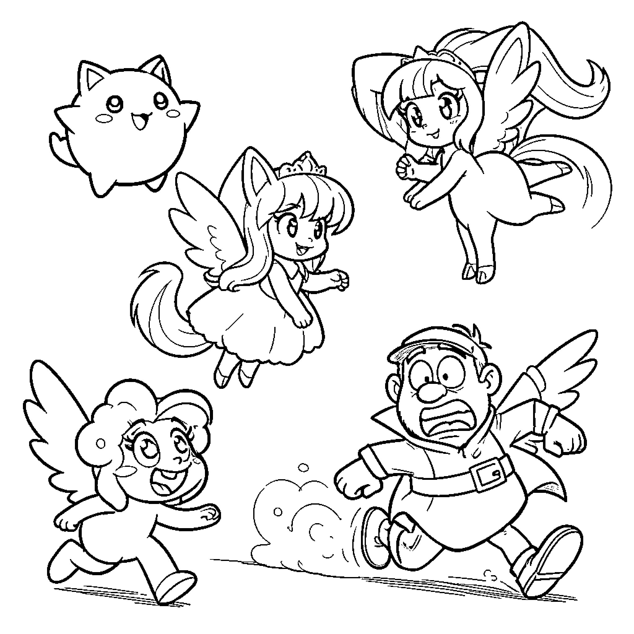 Dr. Doofenshmirtz's Zany Antics with Winged Companions Coloring Page (free black-and-white line drawing printable PDF for all, from beginners to advanced learners, including children, teens, adults, and seniors)