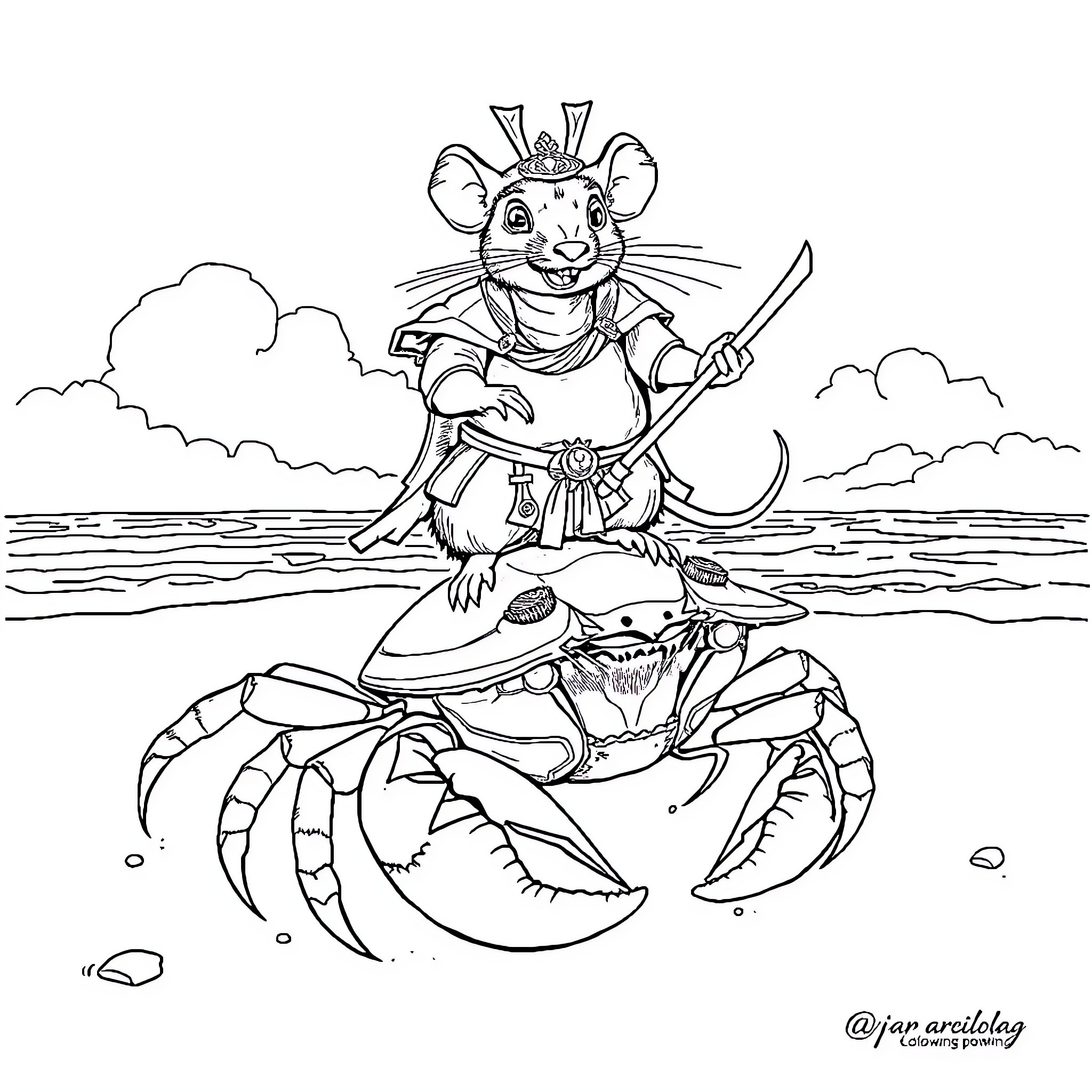 Samurai Rat battles a fearsome crab on the beach Coloring Page (free black-and-white line drawing printable PDF for all, from beginners to advanced learners, including children, teens, adults, and seniors)