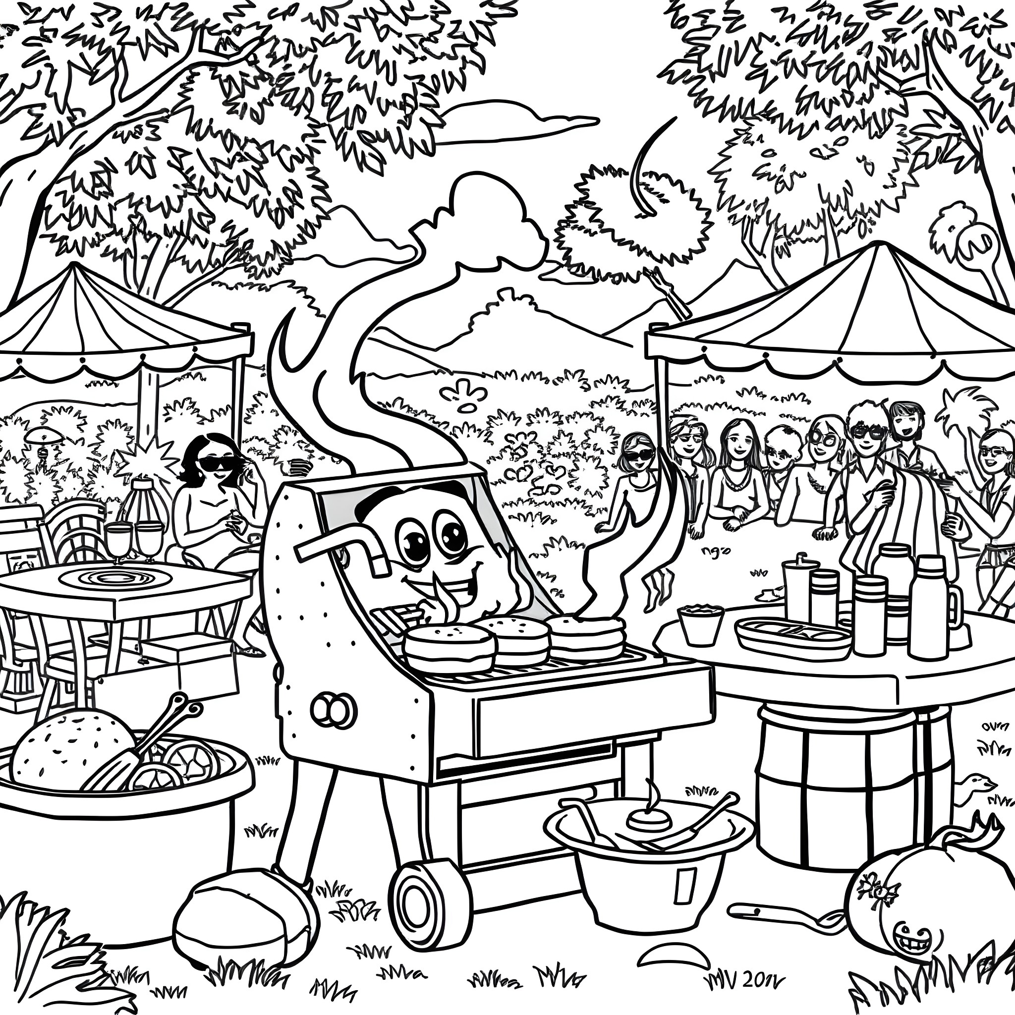 Lightning McQueen's Campfire Cookout Adventure Coloring Page (free black-and-white line drawing printable PDF for all, from beginners to advanced learners, including children, teens, adults, and seniors)