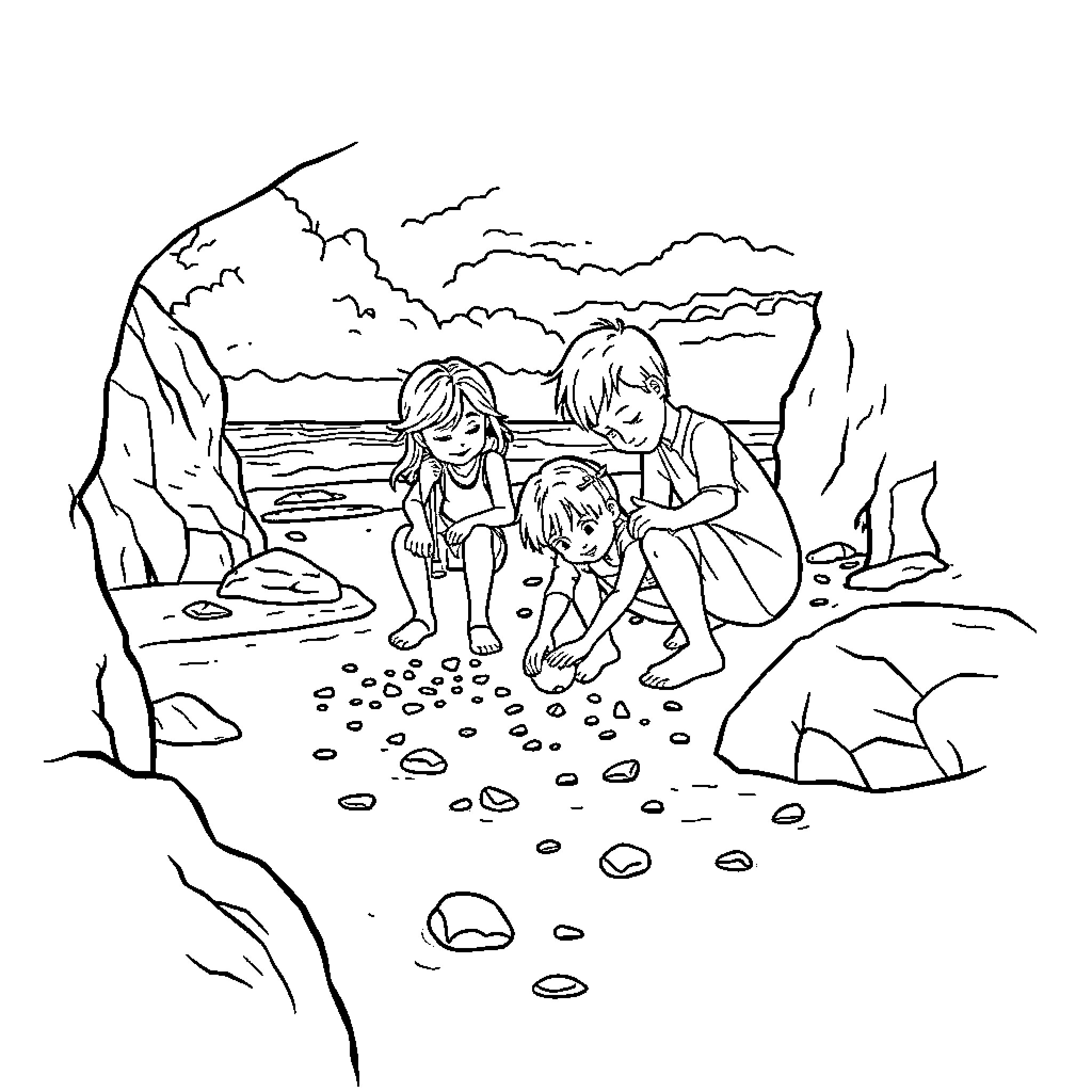 Family exploring rocky beach together Coloring Page (free black-and-white line drawing printable PDF for all, from beginners to advanced learners, including children, teens, adults, and seniors)