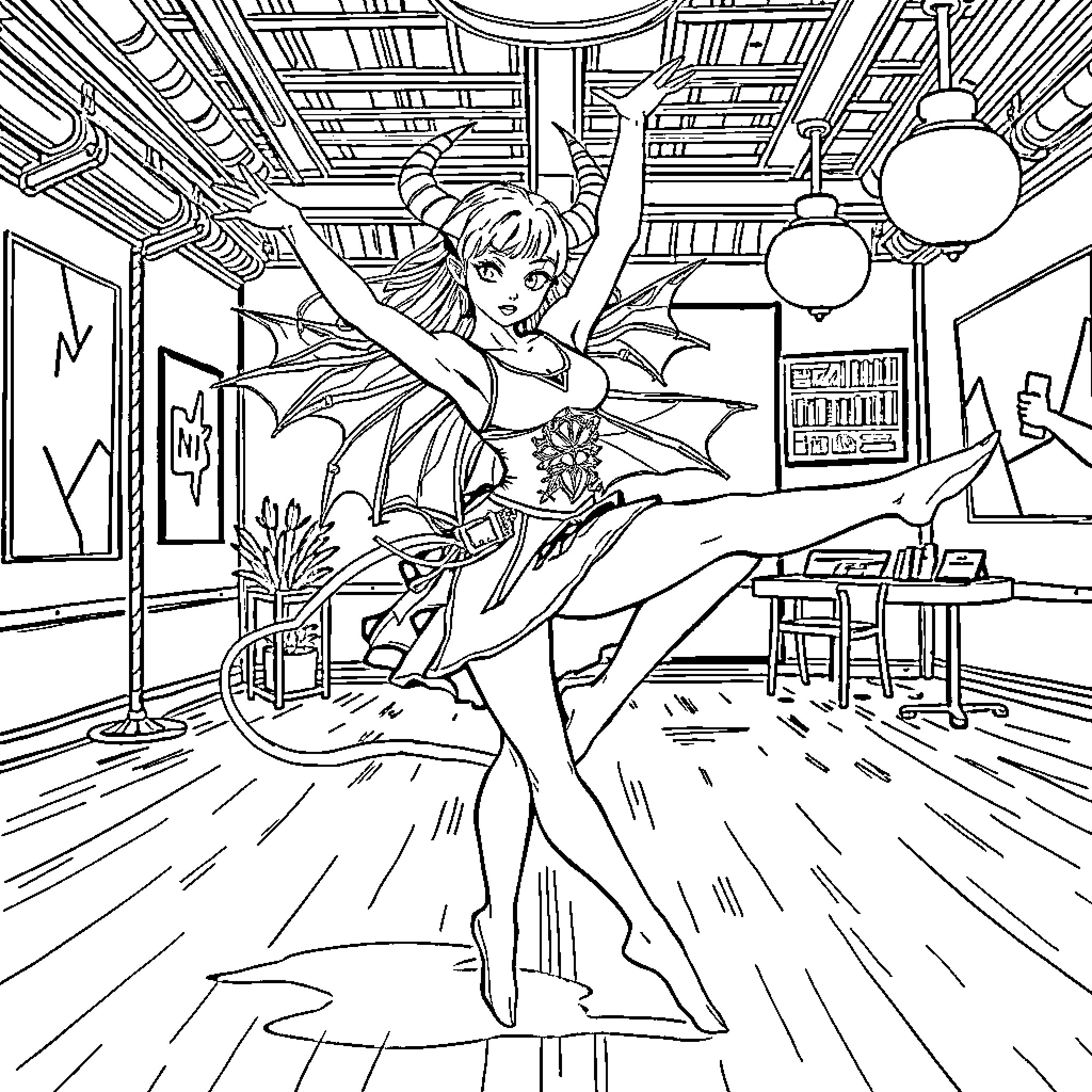 Zoey's Energetic Dance in the Vibrant Cafe Coloring Page (free black-and-white line drawing printable PDF for all, from beginners to advanced learners, including children, teens, adults, and seniors)