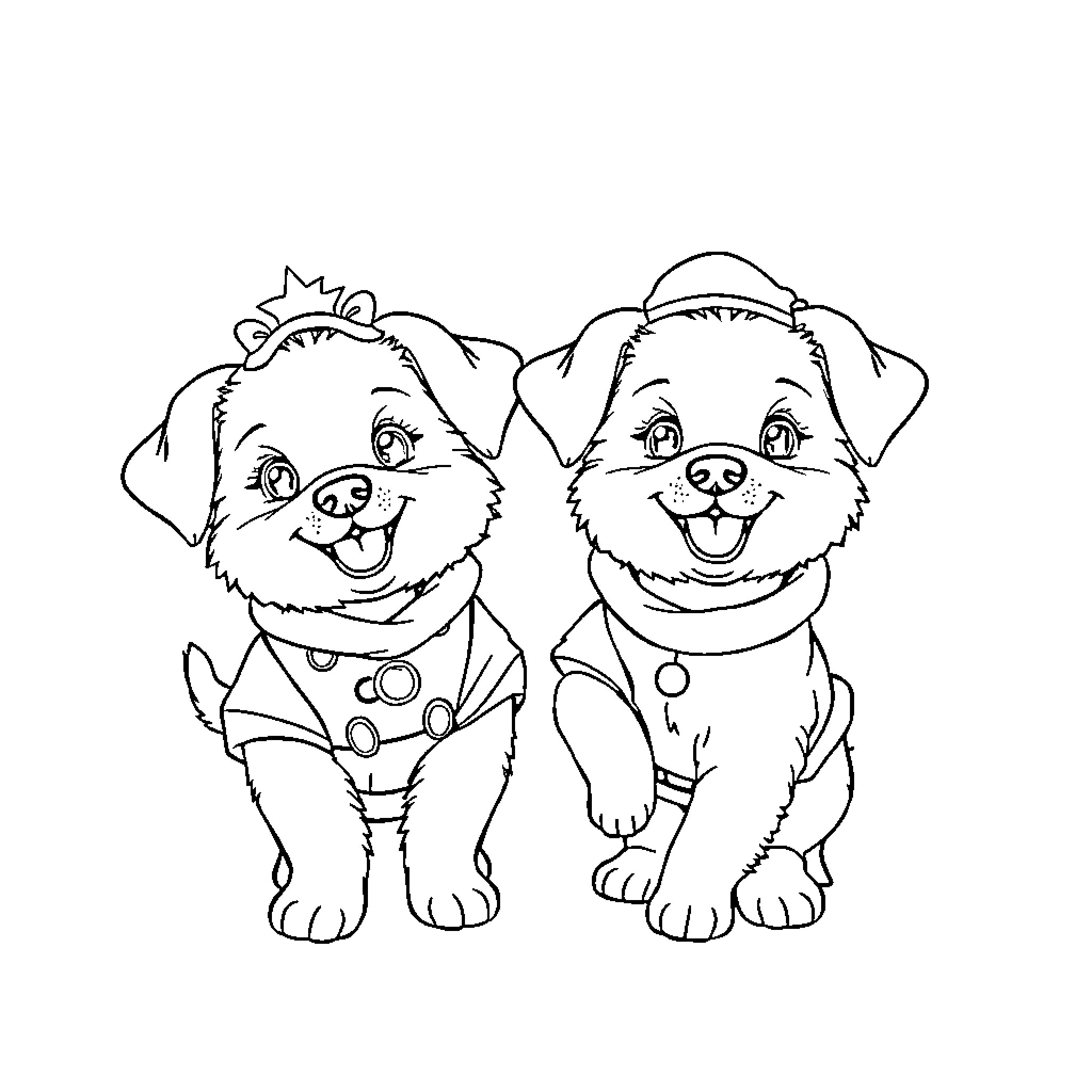 Puppy friends playing dress-up Coloring Page (free black-and-white line drawing printable PDF for all, from beginners to advanced learners, including children, teens, adults, and seniors)