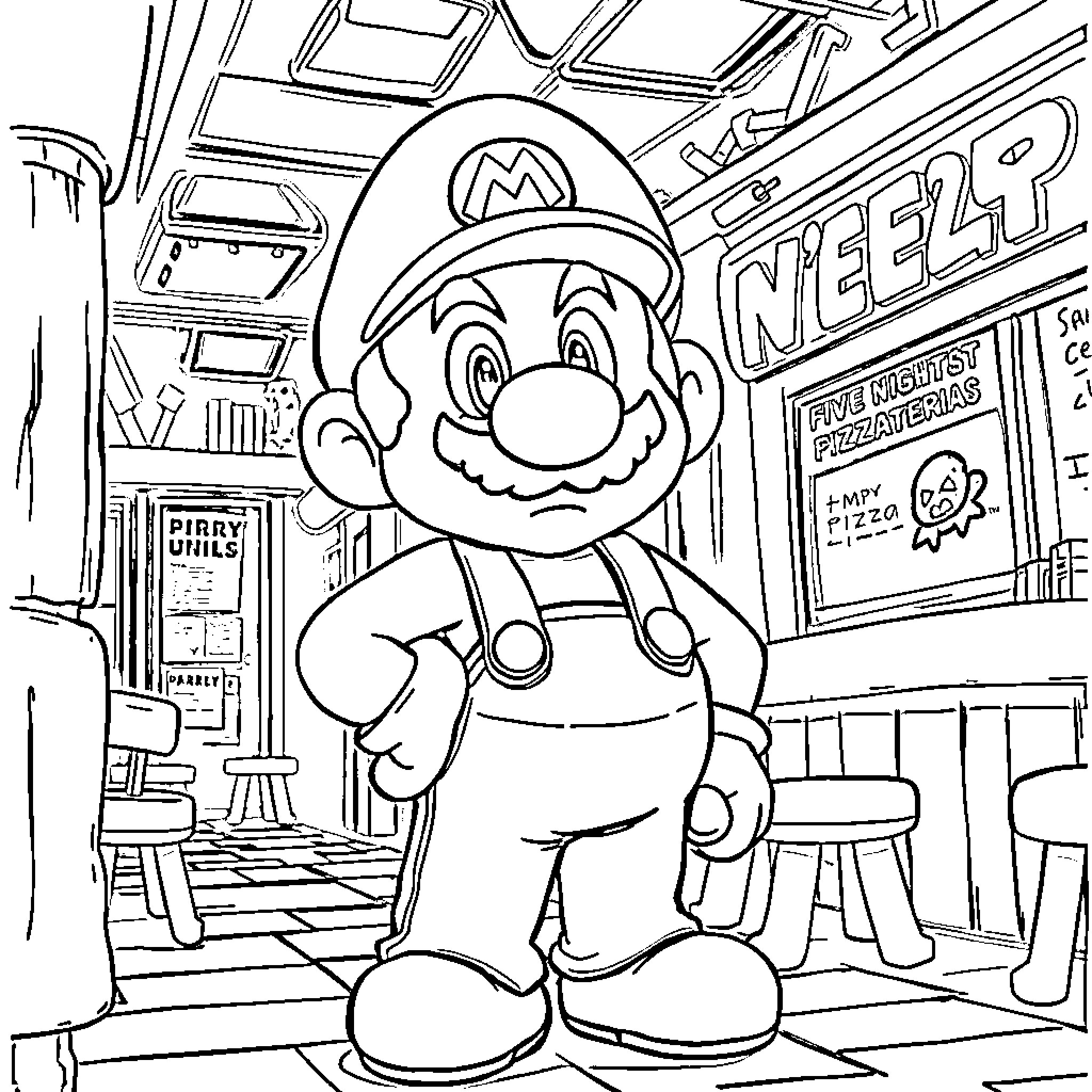 Mario's Adventure in a Lively Arcade Coloring Page (free black-and-white line drawing printable PDF for all, from beginners to advanced learners, including children, teens, adults, and seniors)