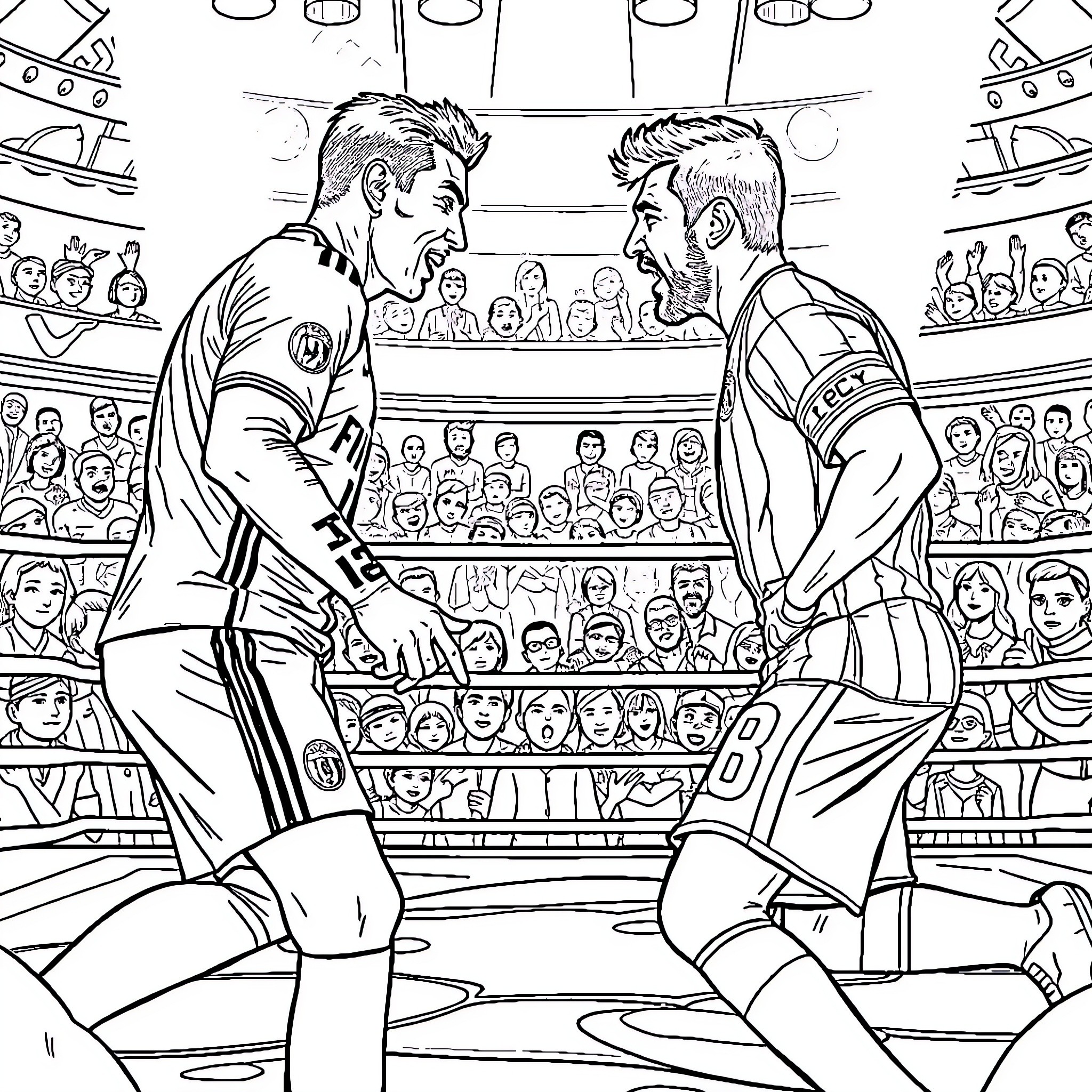 Cristiano and Messi facing off on the soccer field Coloring Page (free black-and-white line drawing printable PDF for all, from beginners to advanced learners, including children, teens, adults, and seniors)