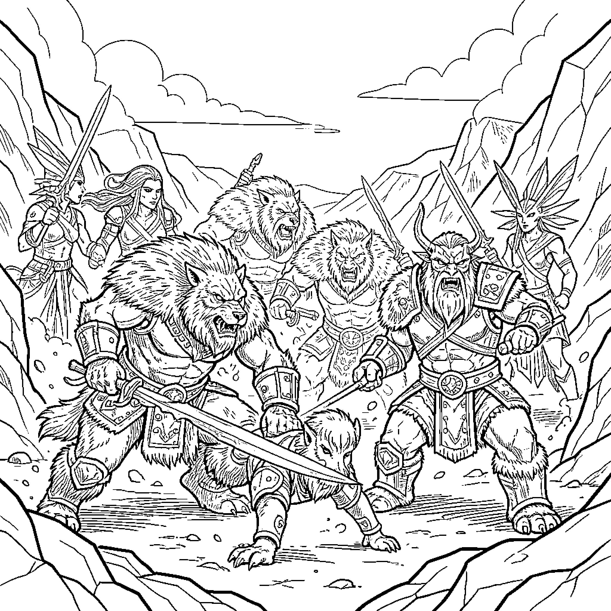 Wolf warriors battling fiercely in a mountain canyon Coloring Page (free black-and-white line drawing printable PDF for all, from beginners to advanced learners, including children, teens, adults, and seniors)