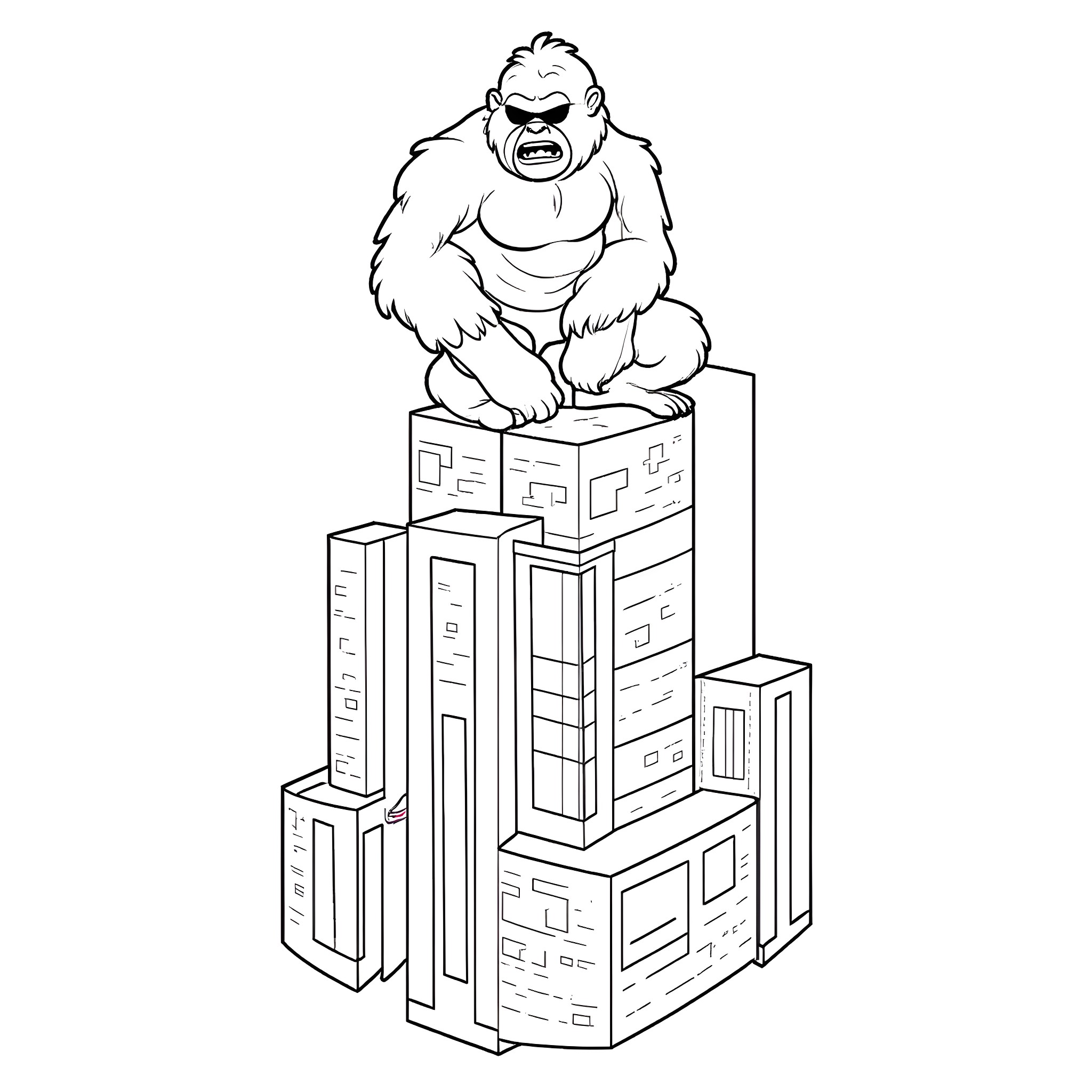 King Kong atop a towering city Coloring Page (free black-and-white line drawing printable PDF for all, from beginners to advanced learners, including children, teens, adults, and seniors)
