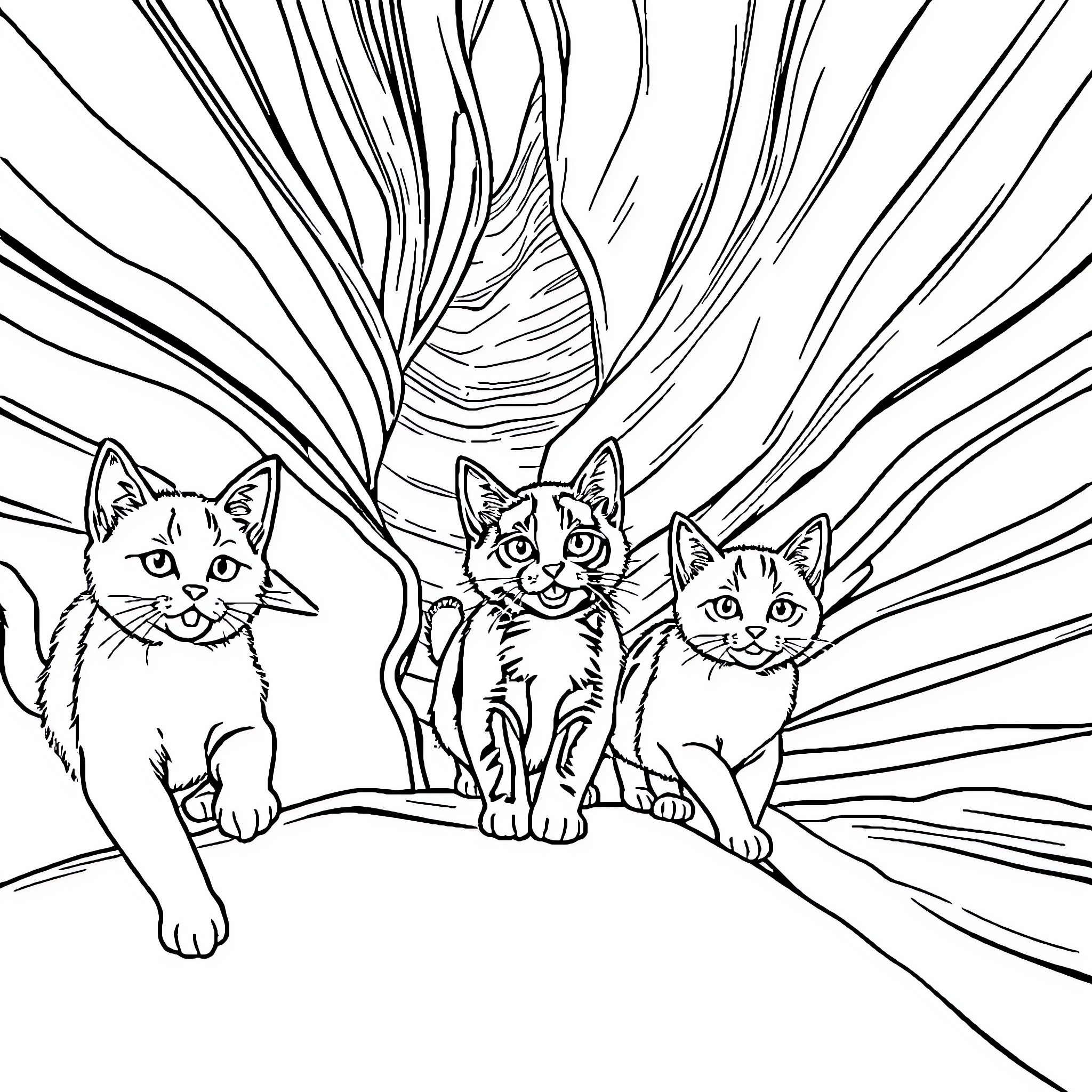 Cat trio exploring surreal environment Coloring Page (free black-and-white line drawing printable PDF for all, from beginners to advanced learners, including children, teens, adults, and seniors)