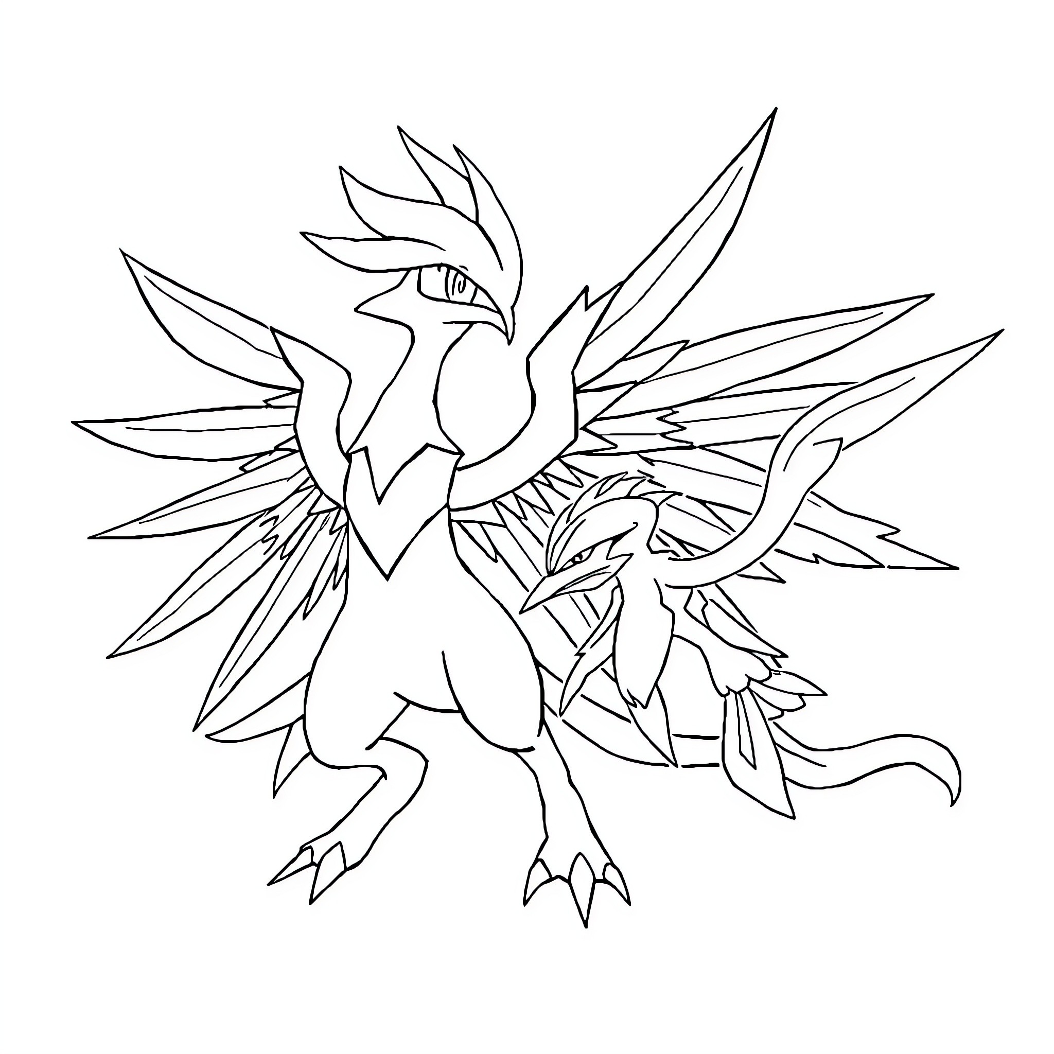Decidueye performing a powerful pose Coloring Page (free black-and-white line drawing printable PDF for all, from beginners to advanced learners, including children, teens, adults, and seniors)