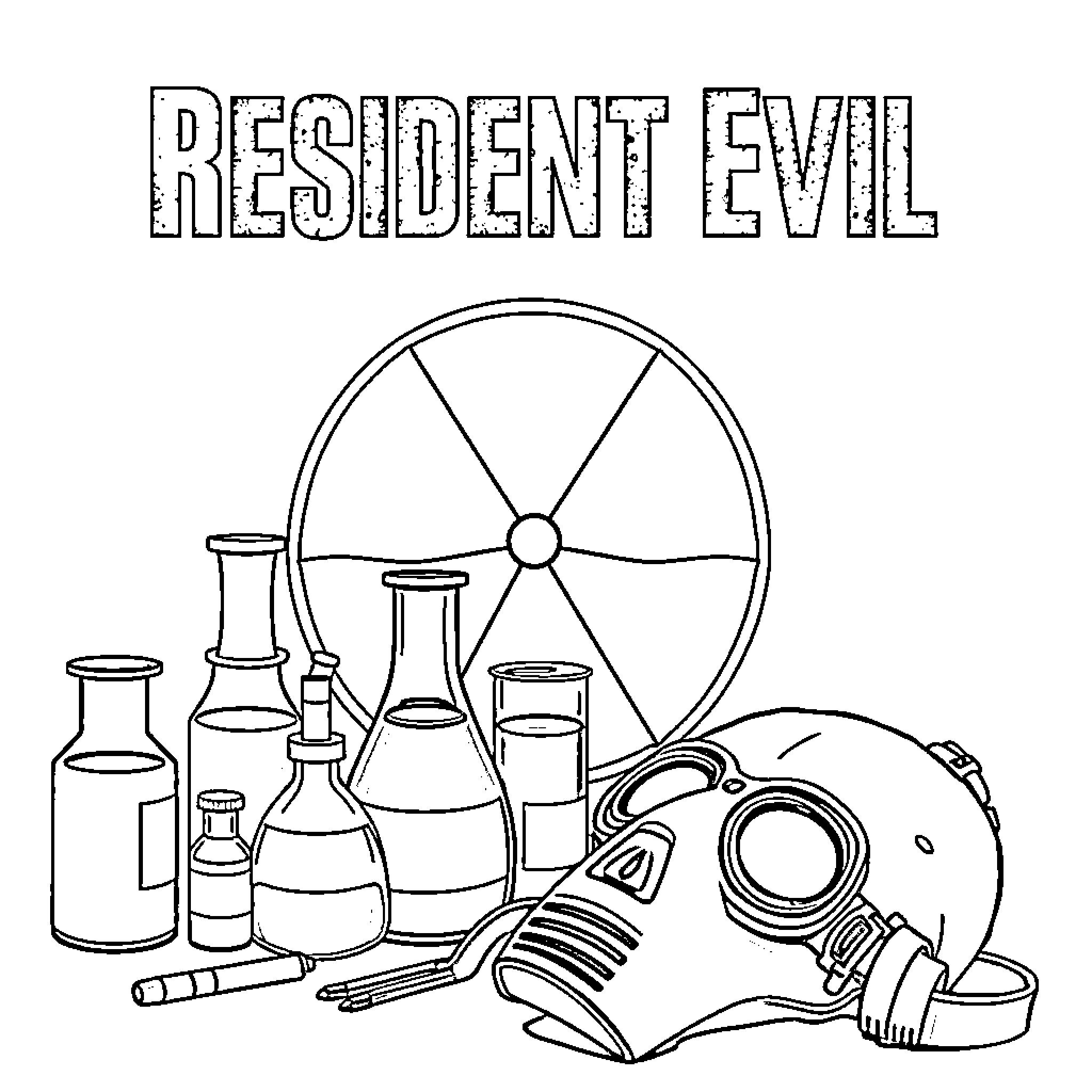 Umbrella of Resident Evil Danger Items Coloring Page (free black-and-white line drawing printable PDF for all, from beginners to advanced learners, including children, teens, adults, and seniors)