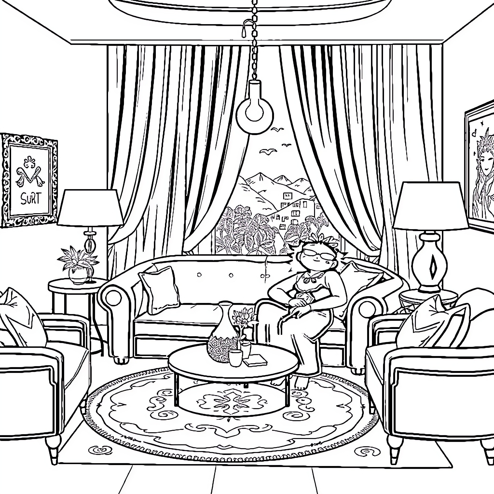 Rentaro's Relaxing Room: Cozy Interior with Artwork Coloring Page (free black-and-white line drawing printable PDF for all, from beginners to advanced learners, including children, teens, adults, and seniors)