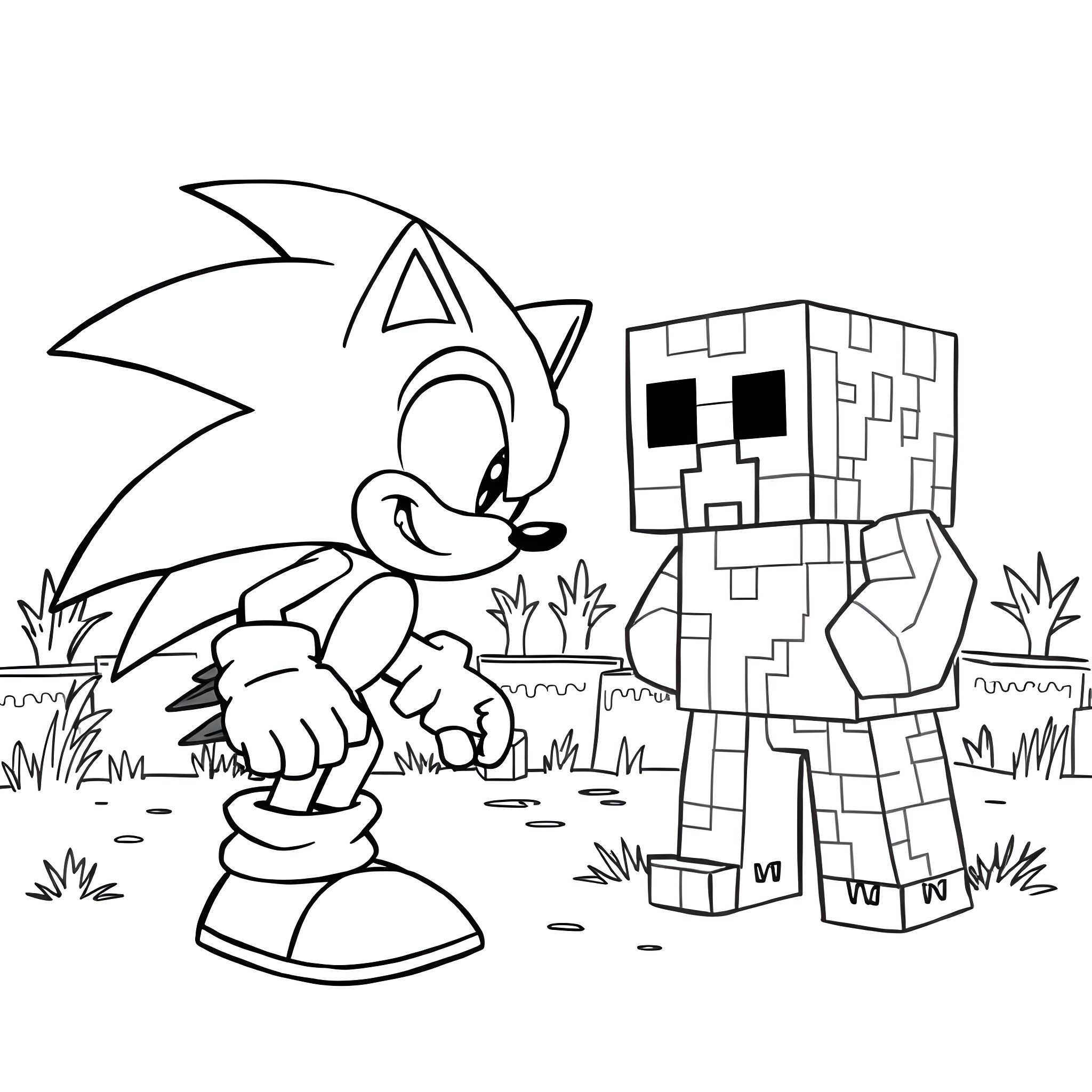 Sonic's Playful Adventure with Minecraft Companion Coloring Page (free black-and-white line drawing printable PDF for all, from beginners to advanced learners, including children, teens, adults, and seniors)