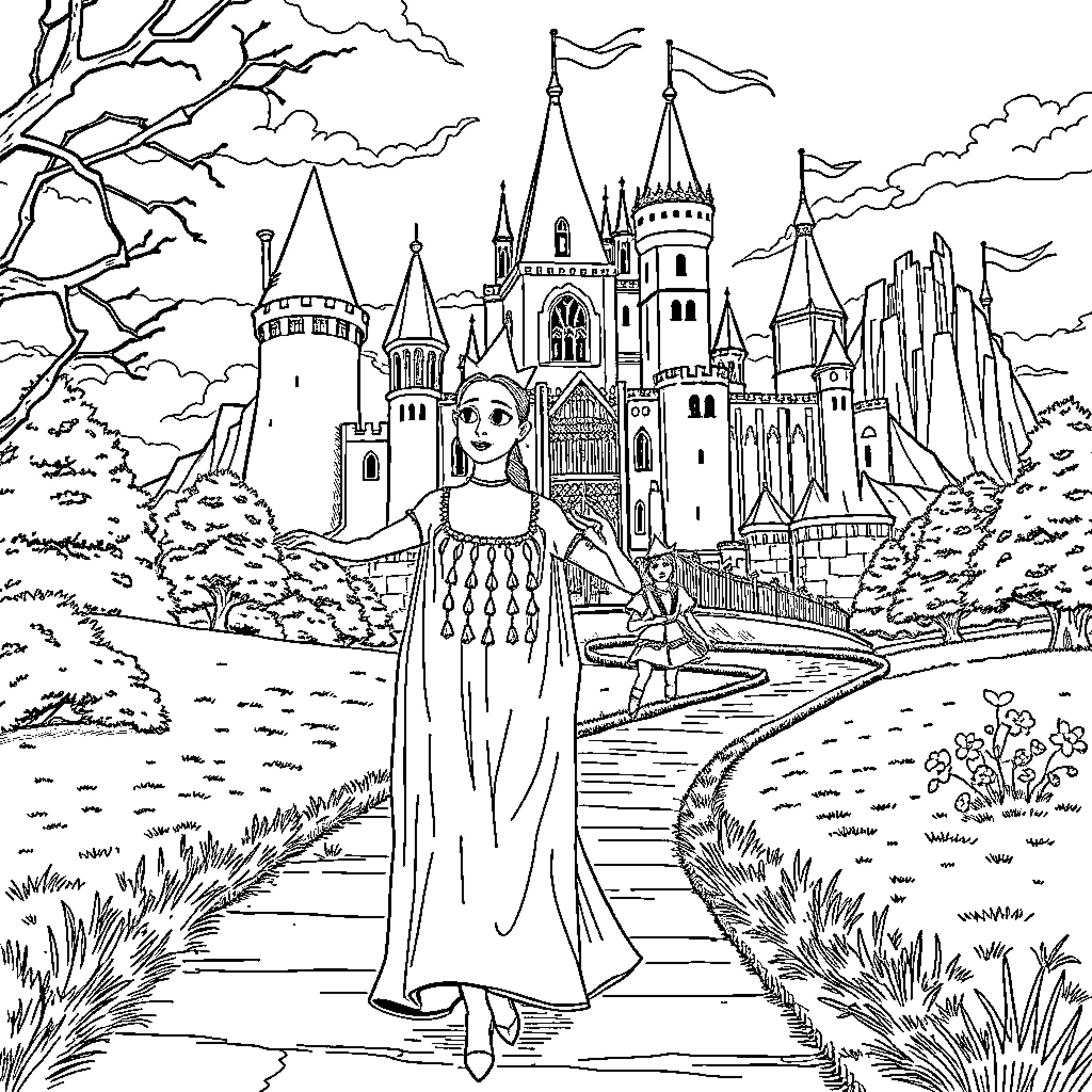 Glinda in a Fairy Tale Castle Landscape Coloring Page (free black-and-white line drawing printable PDF for all, from beginners to advanced learners, including children, teens, adults, and seniors)