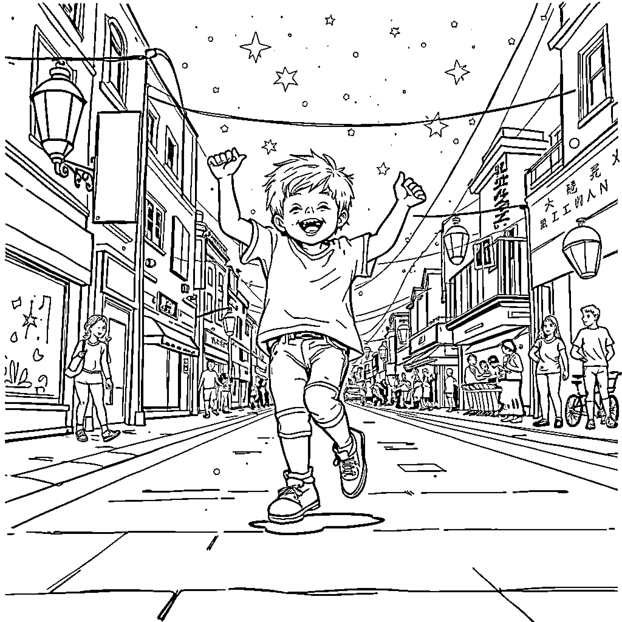 Kid joyfully running through a starry night city street Coloring Page (free black-and-white line drawing printable PDF for all, from beginners to advanced learners, including children, teens, adults, and seniors)