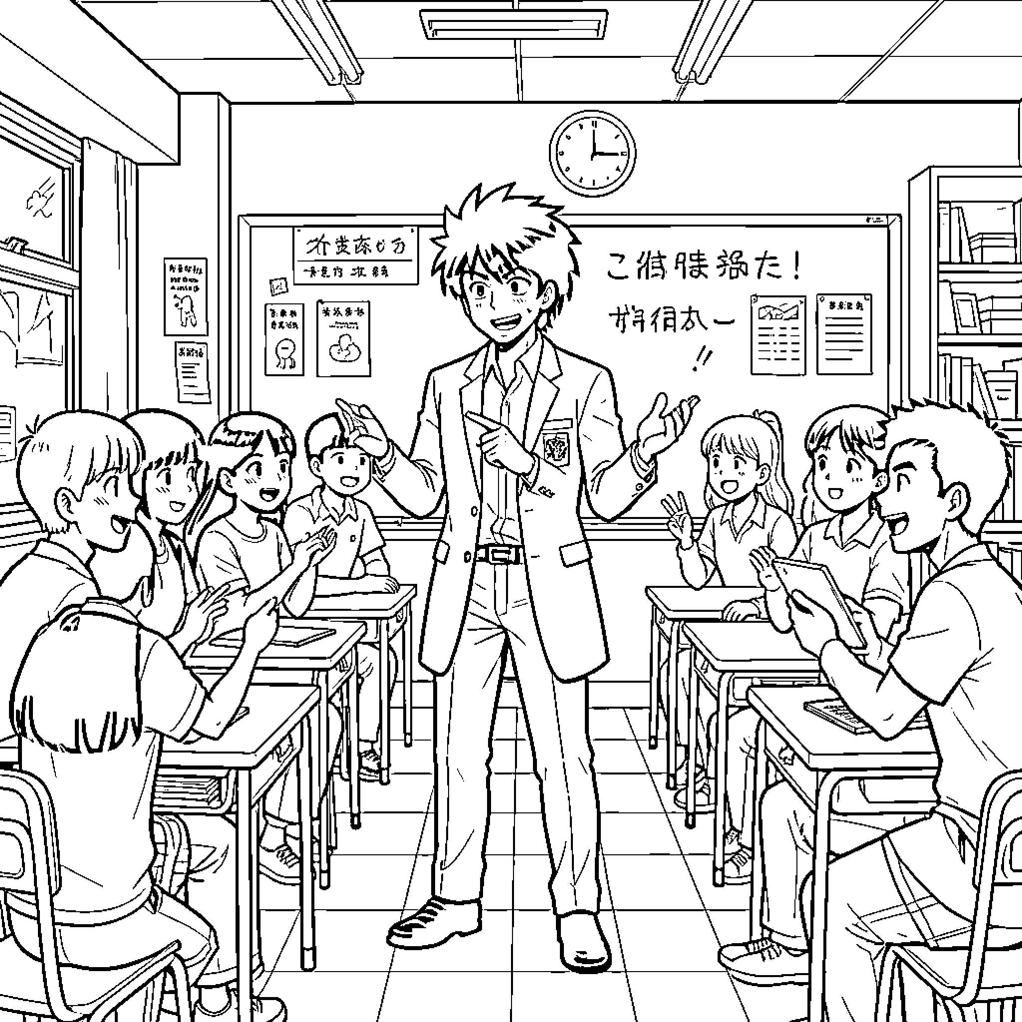 Onizuka teaching students enthusiastically in a classroom Coloring Page (free black-and-white line drawing printable PDF for all, from beginners to advanced learners, including children, teens, adults, and seniors)