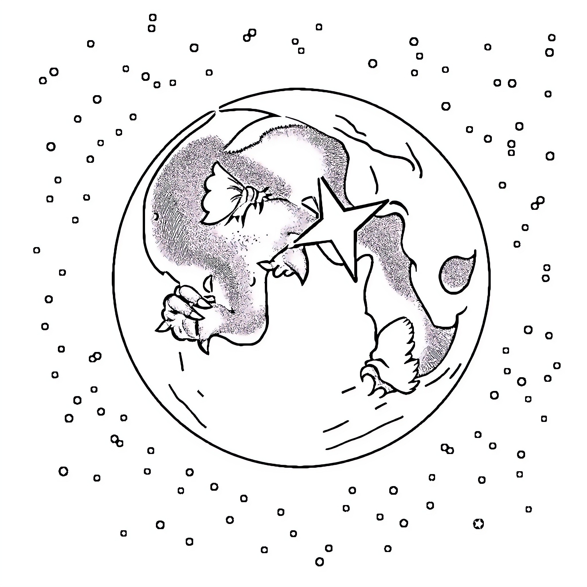 Moon with swirling stars and patterns Coloring Page (free black-and-white line drawing printable PDF for all, from beginners to advanced learners, including children, teens, adults, and seniors)