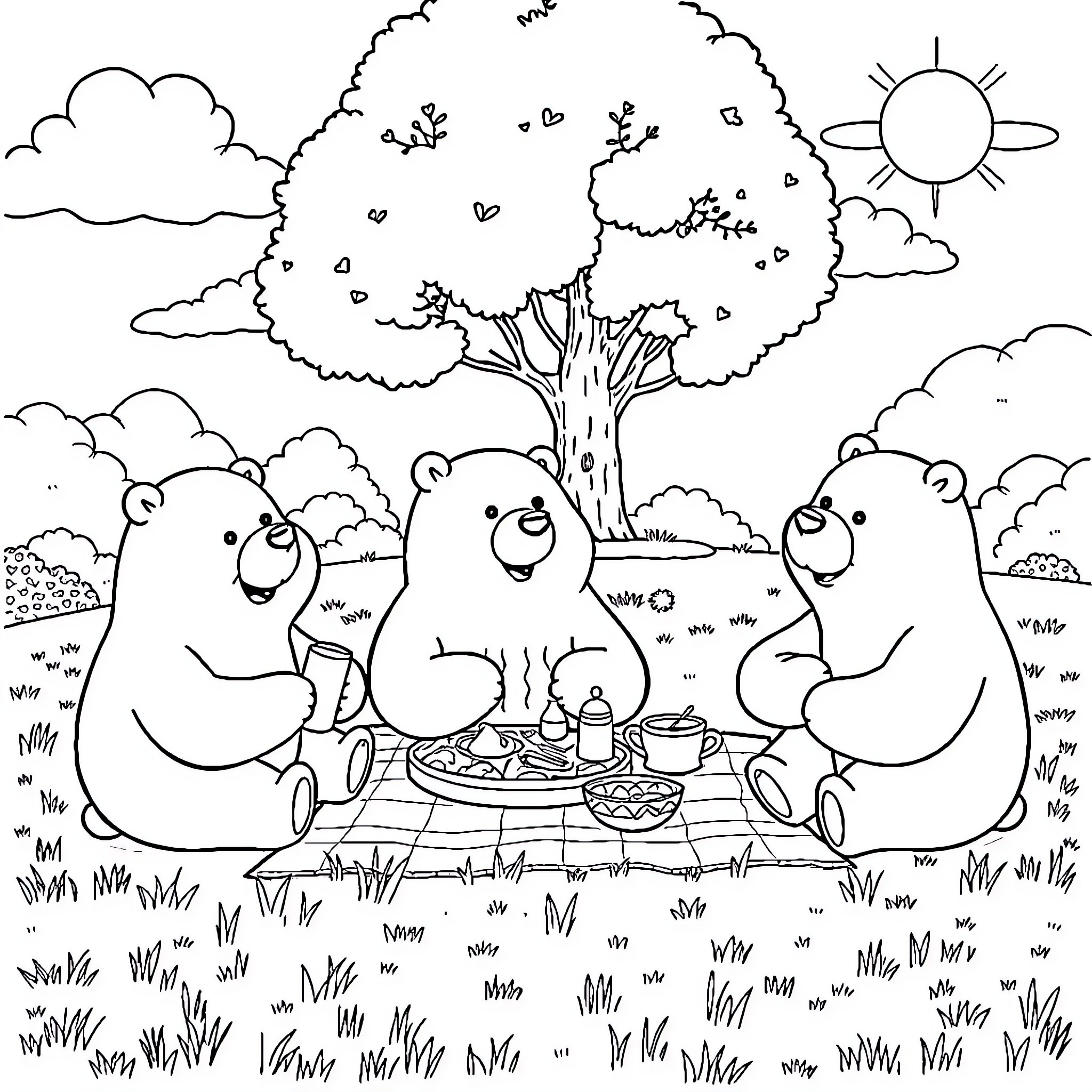 Bear family's outdoor picnic in the park Coloring Page (free black-and-white line drawing printable PDF for all, from beginners to advanced learners, including children, teens, adults, and seniors)