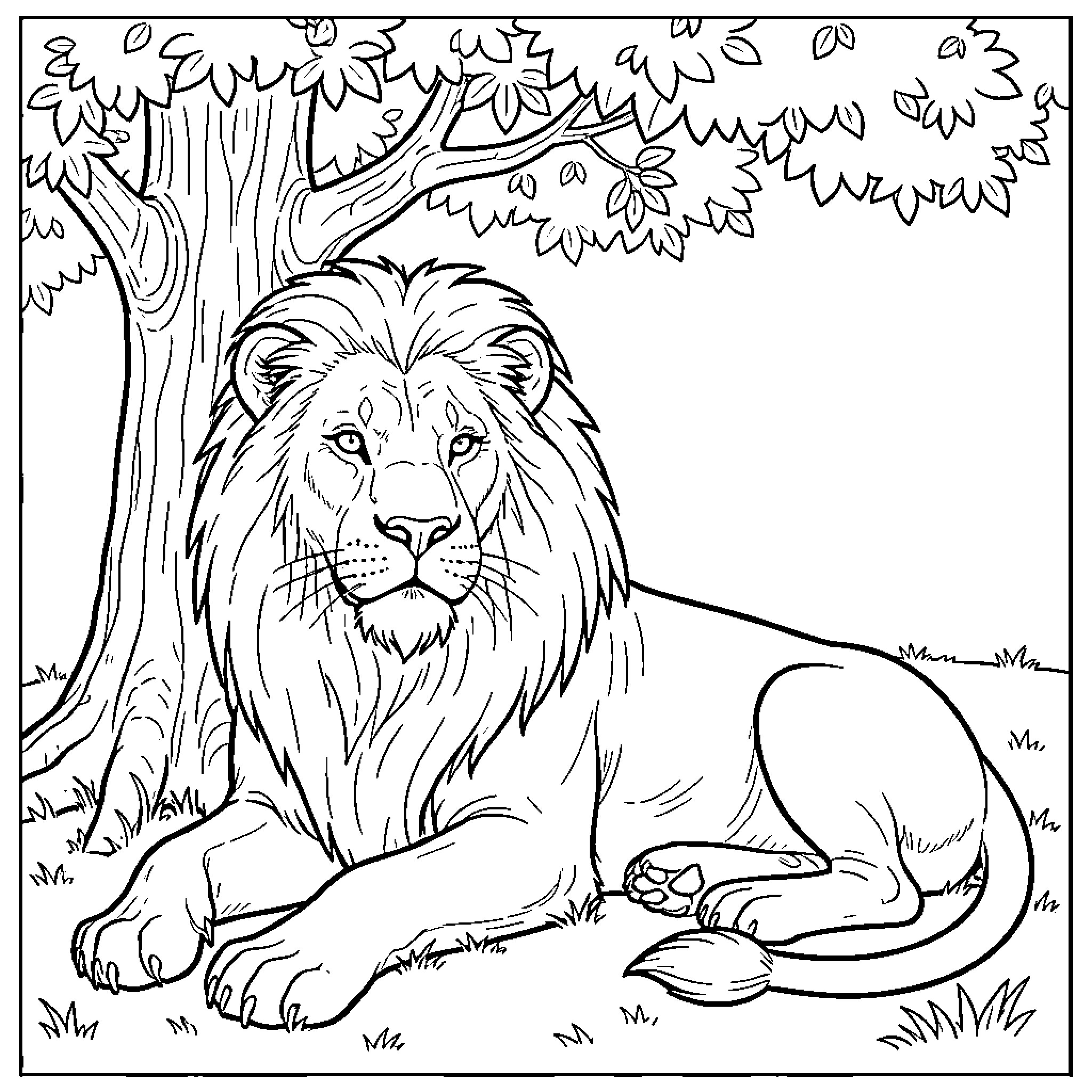 Lion resting under the tree in nature Coloring Page (free black-and-white line drawing printable PDF for all, from beginners to advanced learners, including children, teens, adults, and seniors)