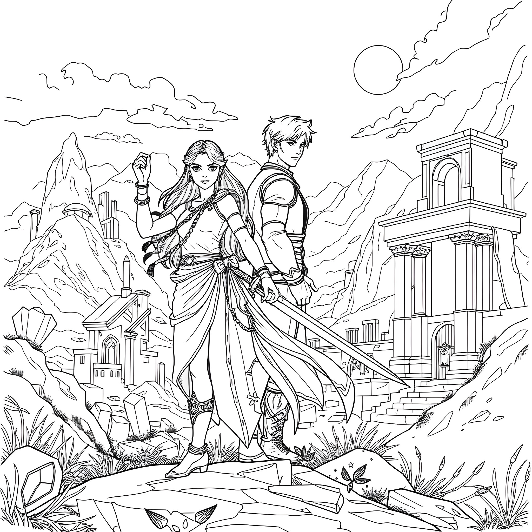 Raya's Heroic Adventure in a Fantastical Landscape Coloring Page (free black-and-white line drawing printable PDF for all, from beginners to advanced learners, including children, teens, adults, and seniors)