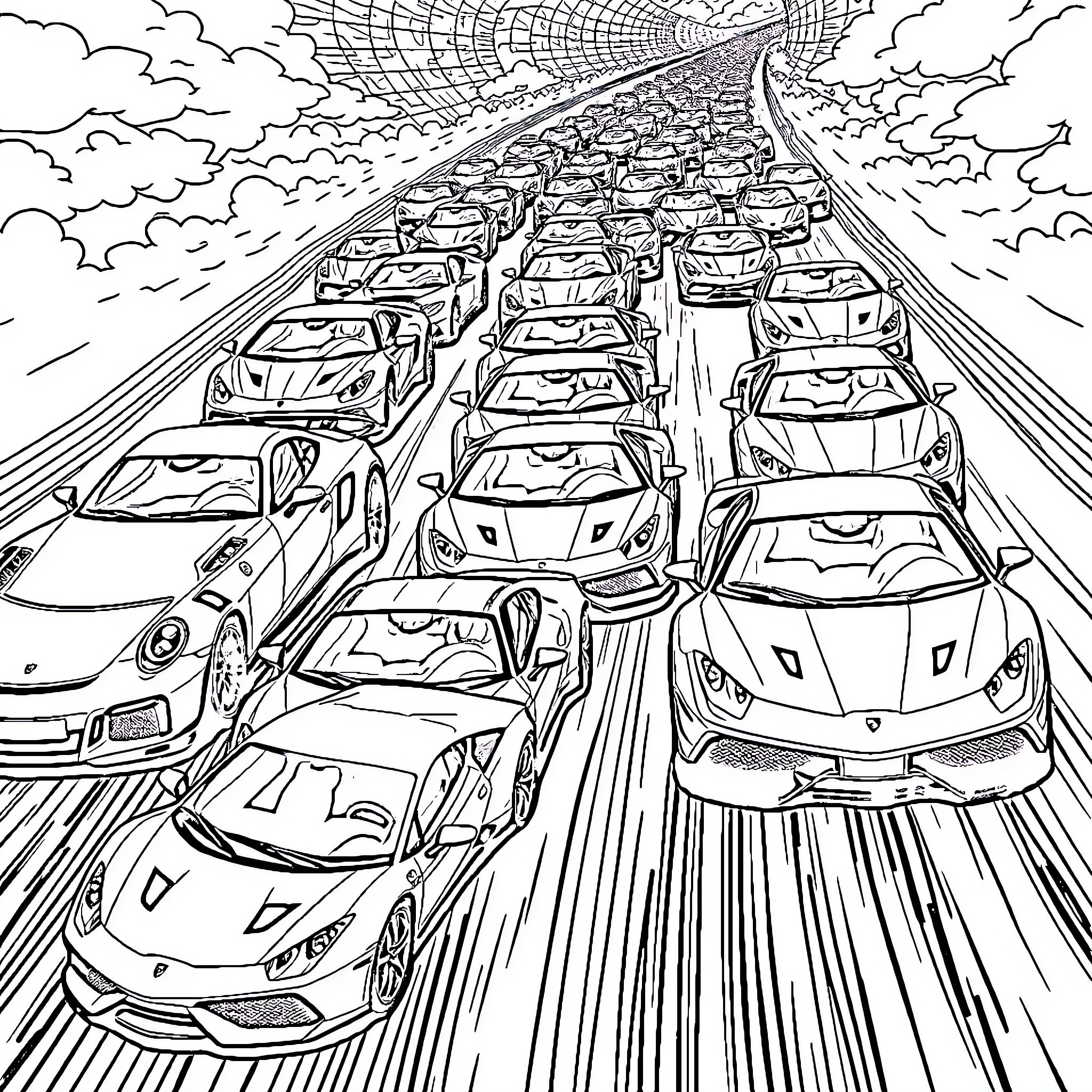 Car traffic on a busy highway during rush hour Coloring Page (free black-and-white line drawing printable PDF for all, from beginners to advanced learners, including children, teens, adults, and seniors)