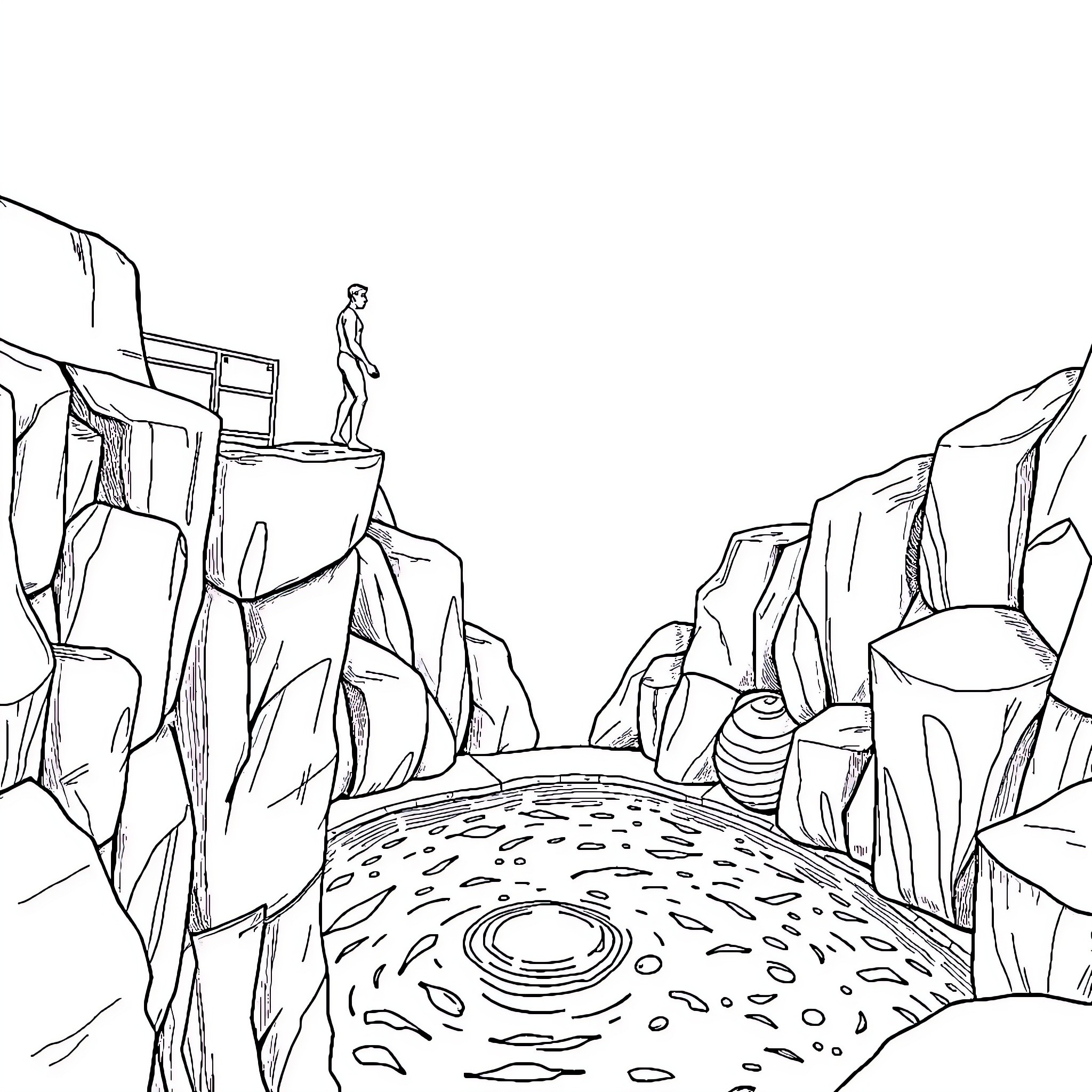 Diver exploring rocky underwater landscape Coloring Page (free black-and-white line drawing printable PDF for all, from beginners to advanced learners, including children, teens, adults, and seniors)