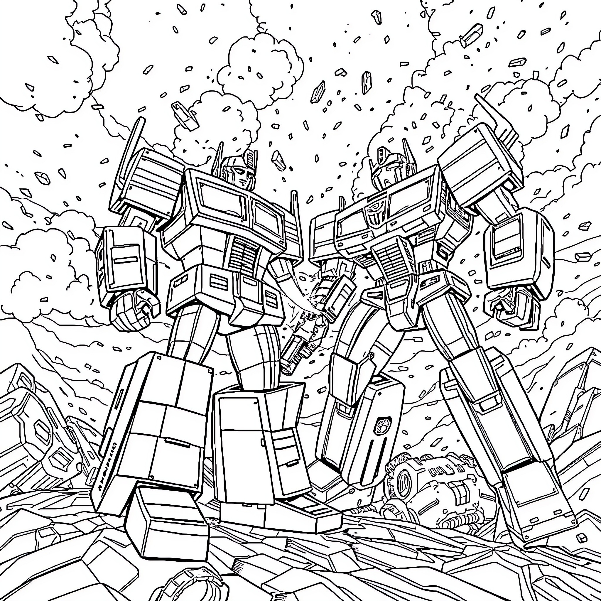 Optimus Prime and Autobots in epic battle Coloring Page (free black-and-white line drawing printable PDF for all, from beginners to advanced learners, including children, teens, adults, and seniors)