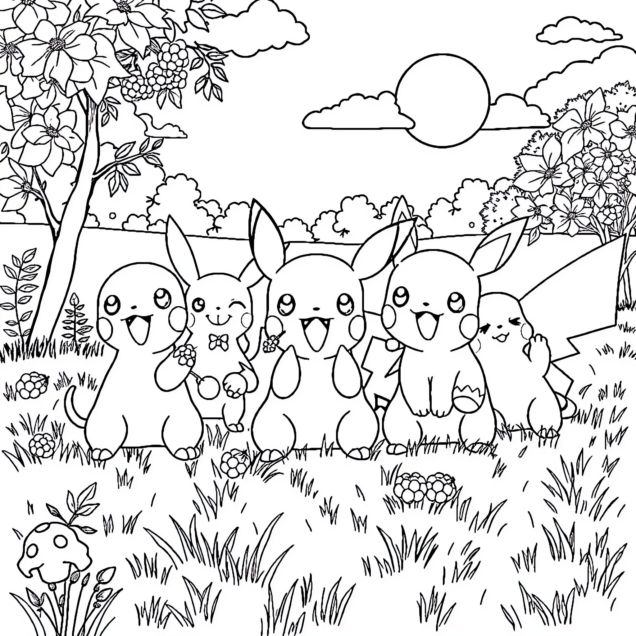 Pokémon enjoying a serene nature scene Coloring Page (free black-and-white line drawing printable PDF for all, from beginners to advanced learners, including children, teens, adults, and seniors)