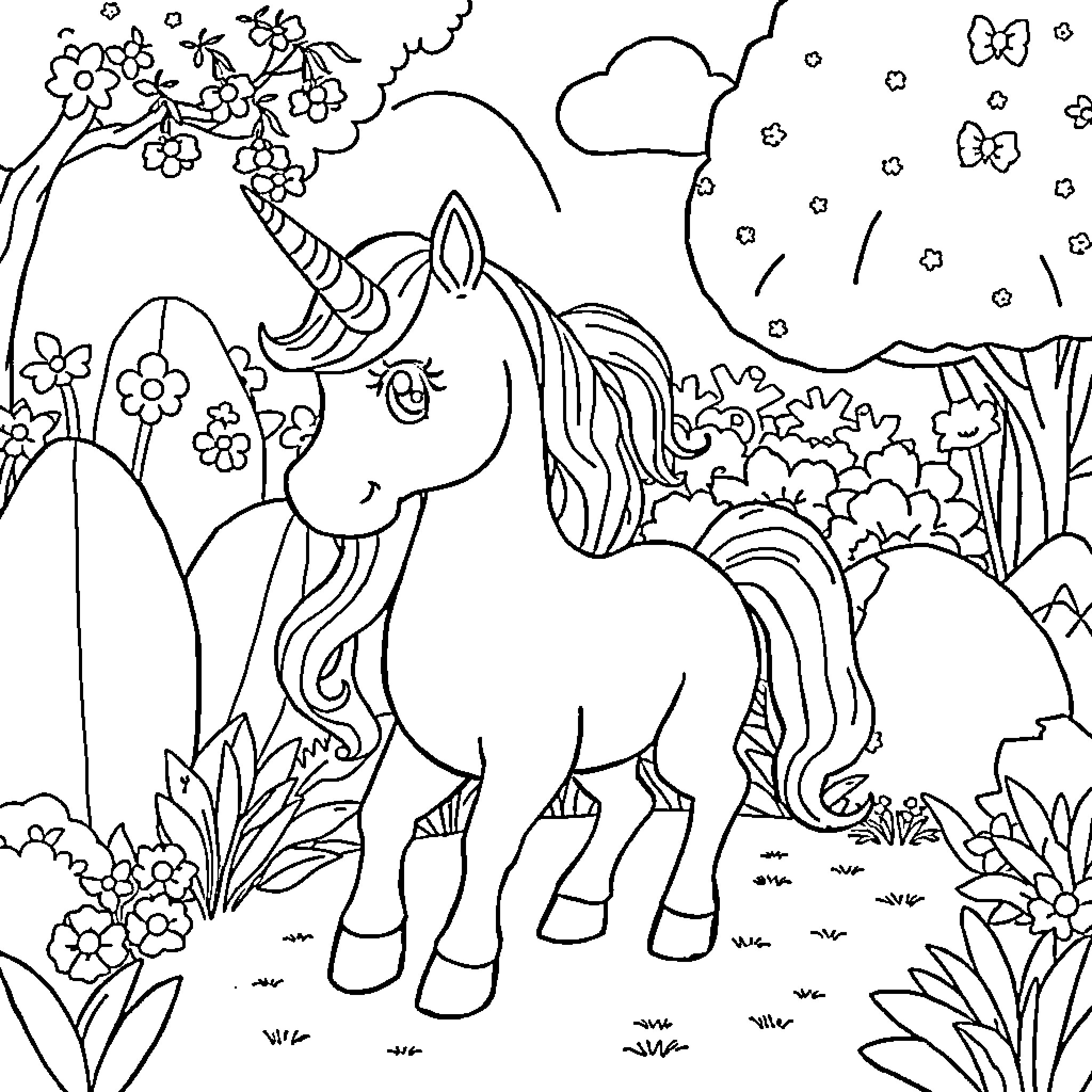 Girl admiring the unicorn in the enchanted forest Coloring Page (free black-and-white line drawing printable PDF for all, from beginners to advanced learners, including children, teens, adults, and seniors)