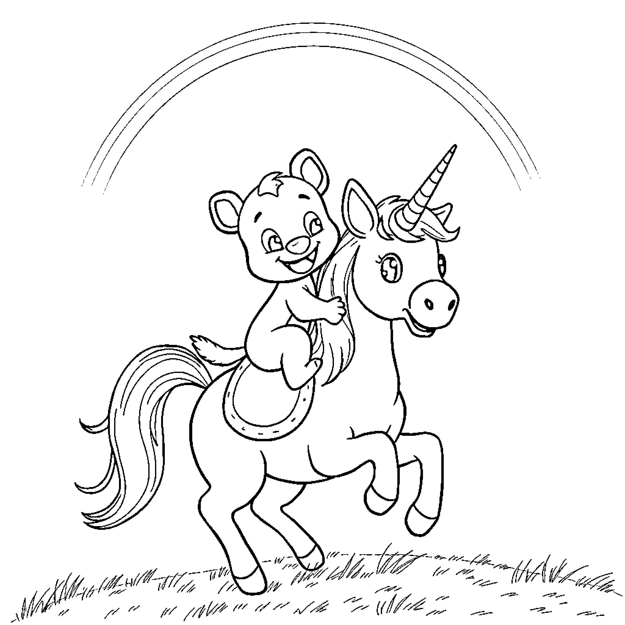 Bluey riding a magical unicorn in the meadow Coloring Page (free black-and-white line drawing printable PDF for all, from beginners to advanced learners, including children, teens, adults, and seniors)