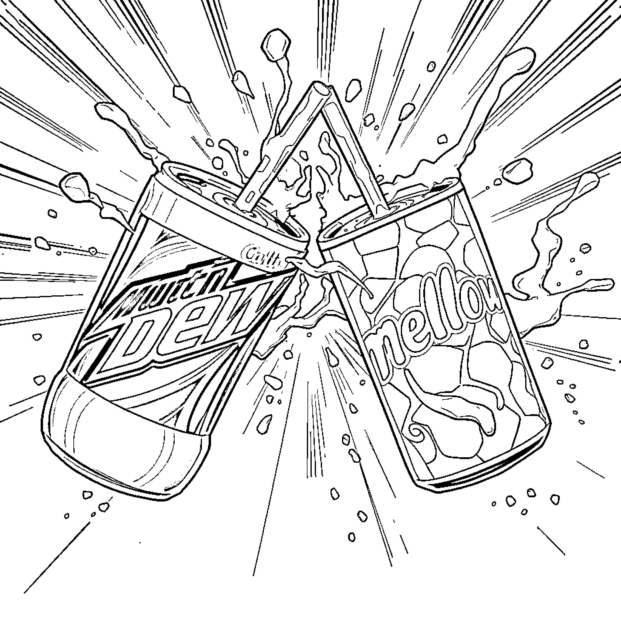 Mountain Dew cans colliding with splashing effects Coloring Page (free black-and-white line drawing printable PDF for all, from beginners to advanced learners, including children, teens, adults, and seniors)