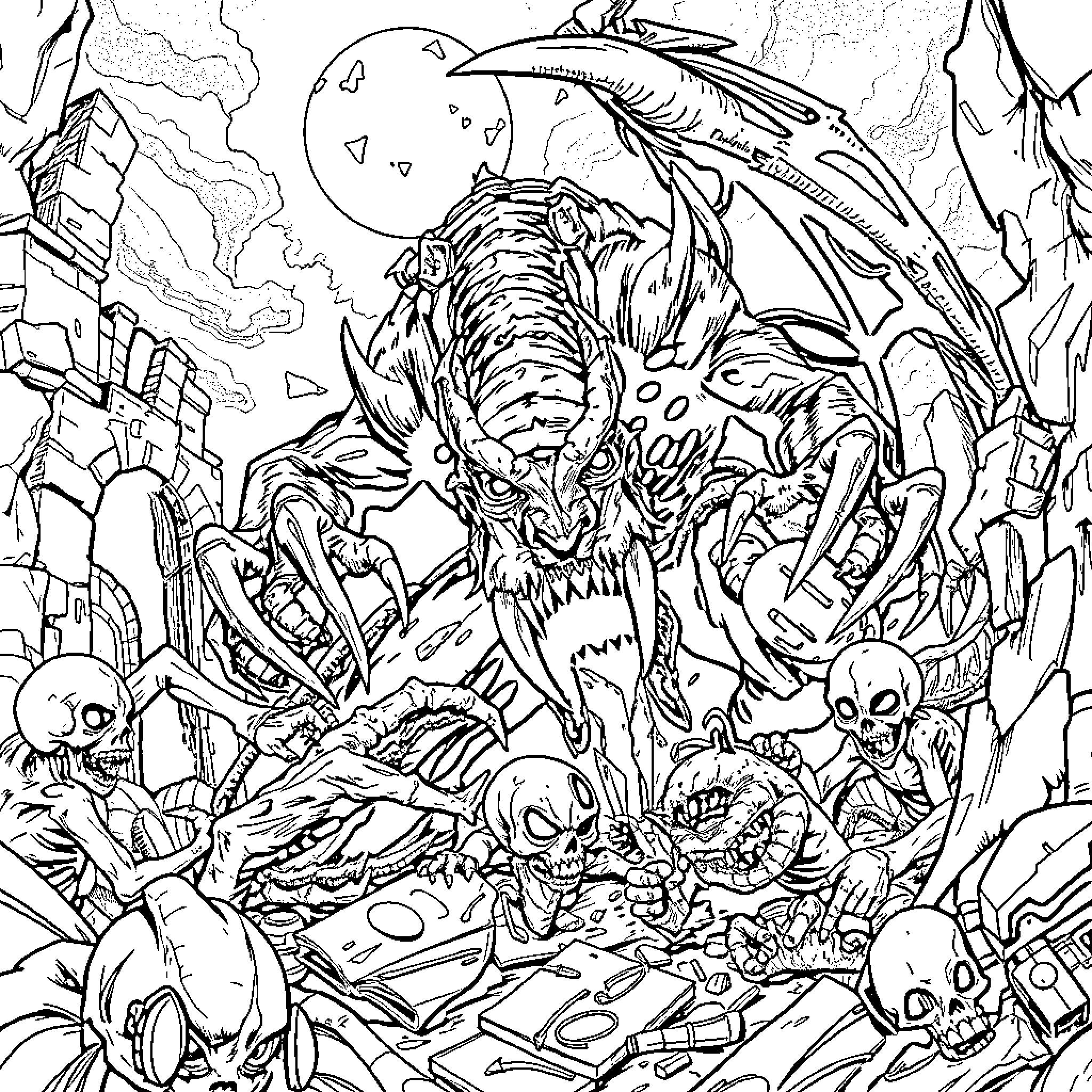 Deathclaw wreaking havoc in the wasteland Coloring Page (free black-and-white line drawing printable PDF for all, from beginners to advanced learners, including children, teens, adults, and seniors)