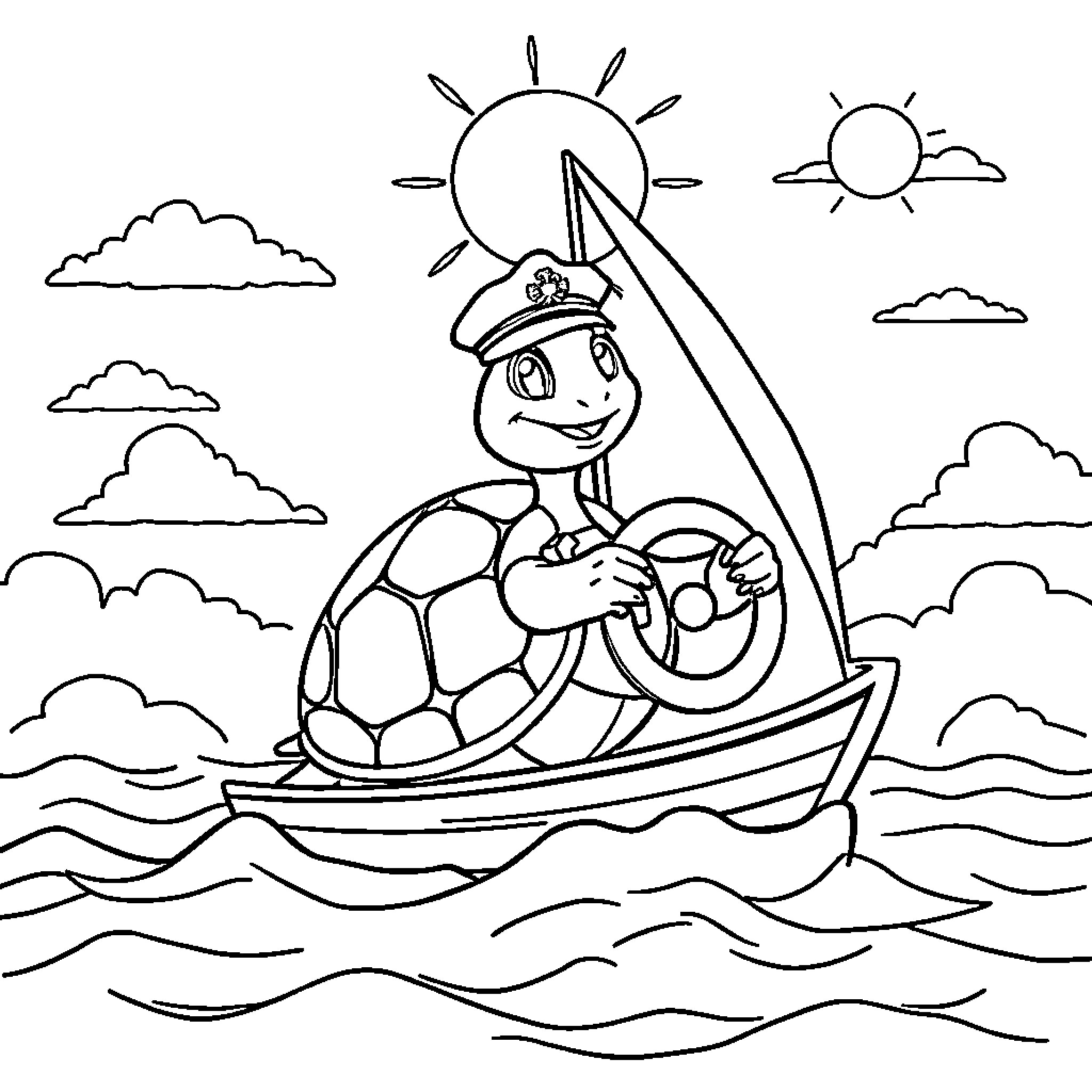 Turtle sailing happily on the waves Coloring Page (free black-and-white line drawing printable PDF for all, from beginners to advanced learners, including children, teens, adults, and seniors)