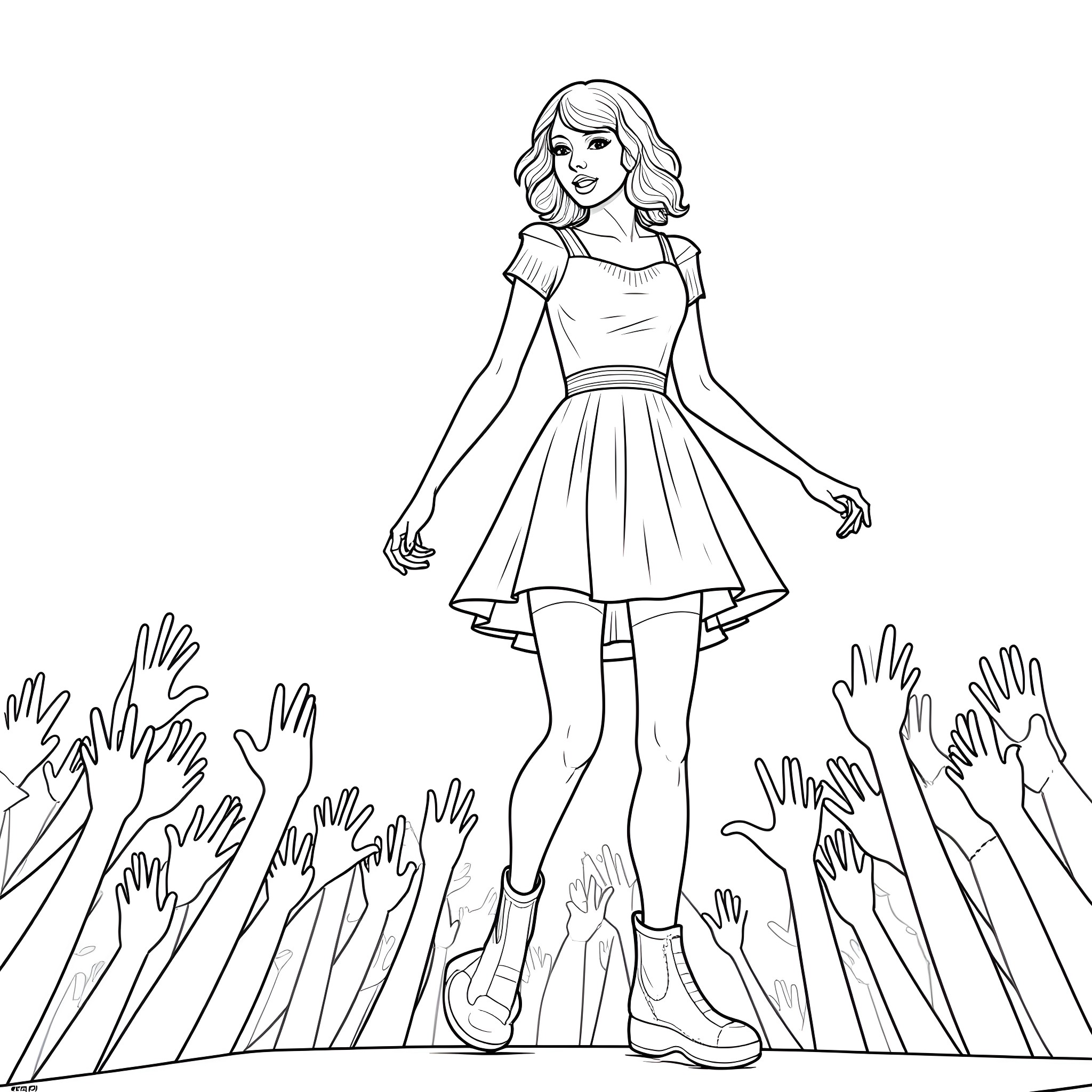 Taylor Swift performing on stage with enthusiastic fans Coloring Page (free black-and-white line drawing printable PDF for all, from beginners to advanced learners, including children, teens, adults, and seniors)