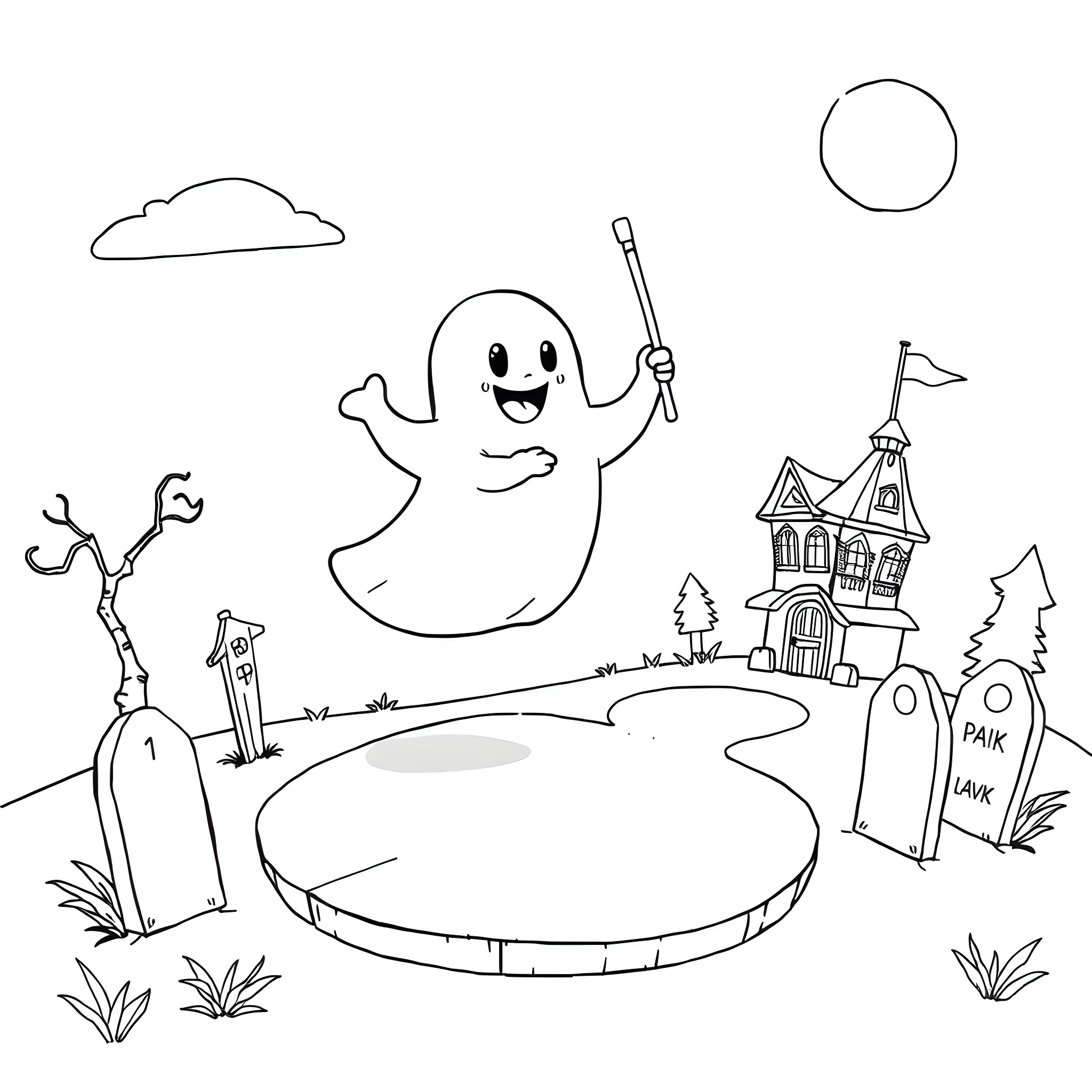 Ghost cheerfully dancing in a spooky landscape Coloring Page (free black-and-white line drawing printable PDF for all, from beginners to advanced learners, including children, teens, adults, and seniors)