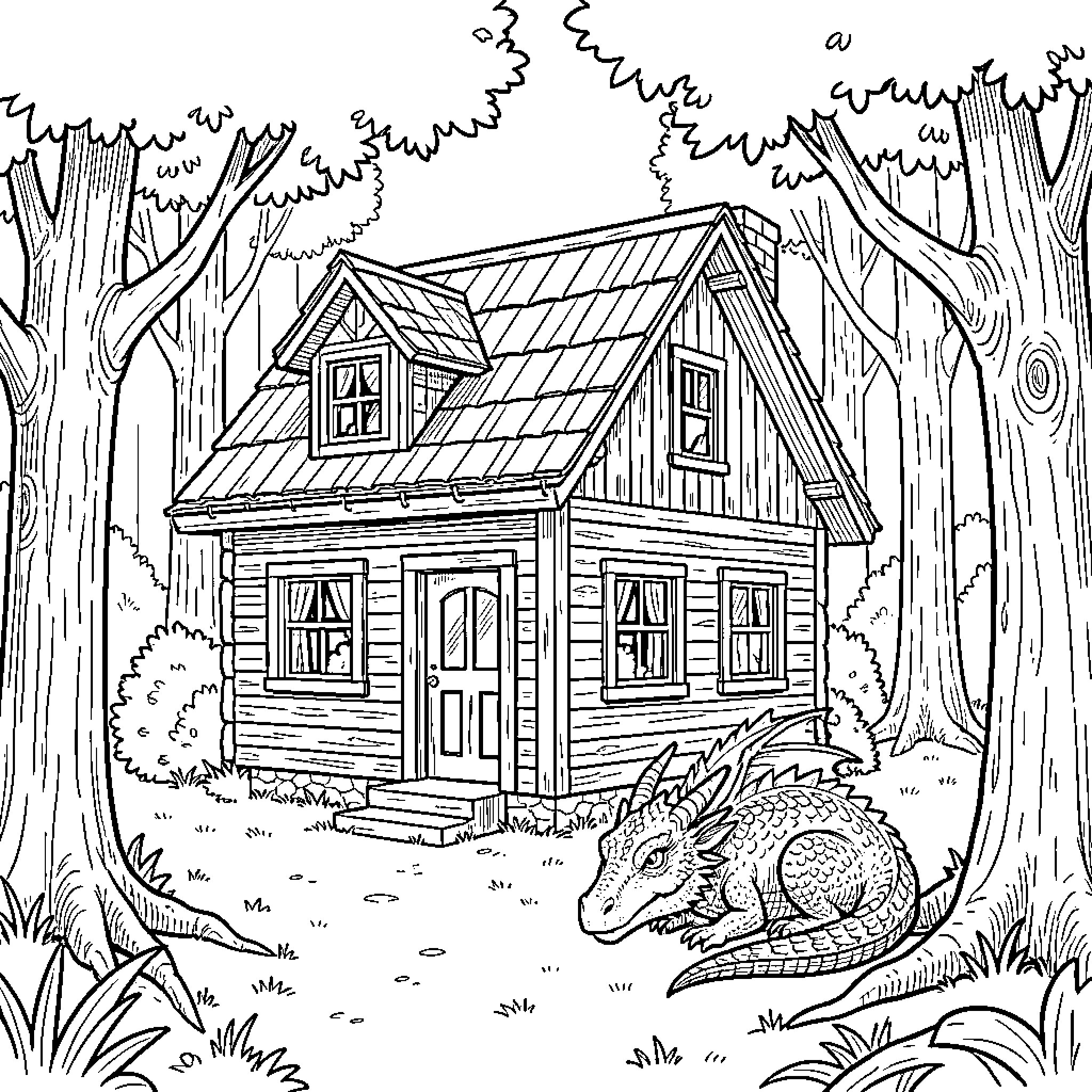 Dragon resting peacefully in front of a forest cabin Coloring Page (free black-and-white line drawing printable PDF for all, from beginners to advanced learners, including children, teens, adults, and seniors)