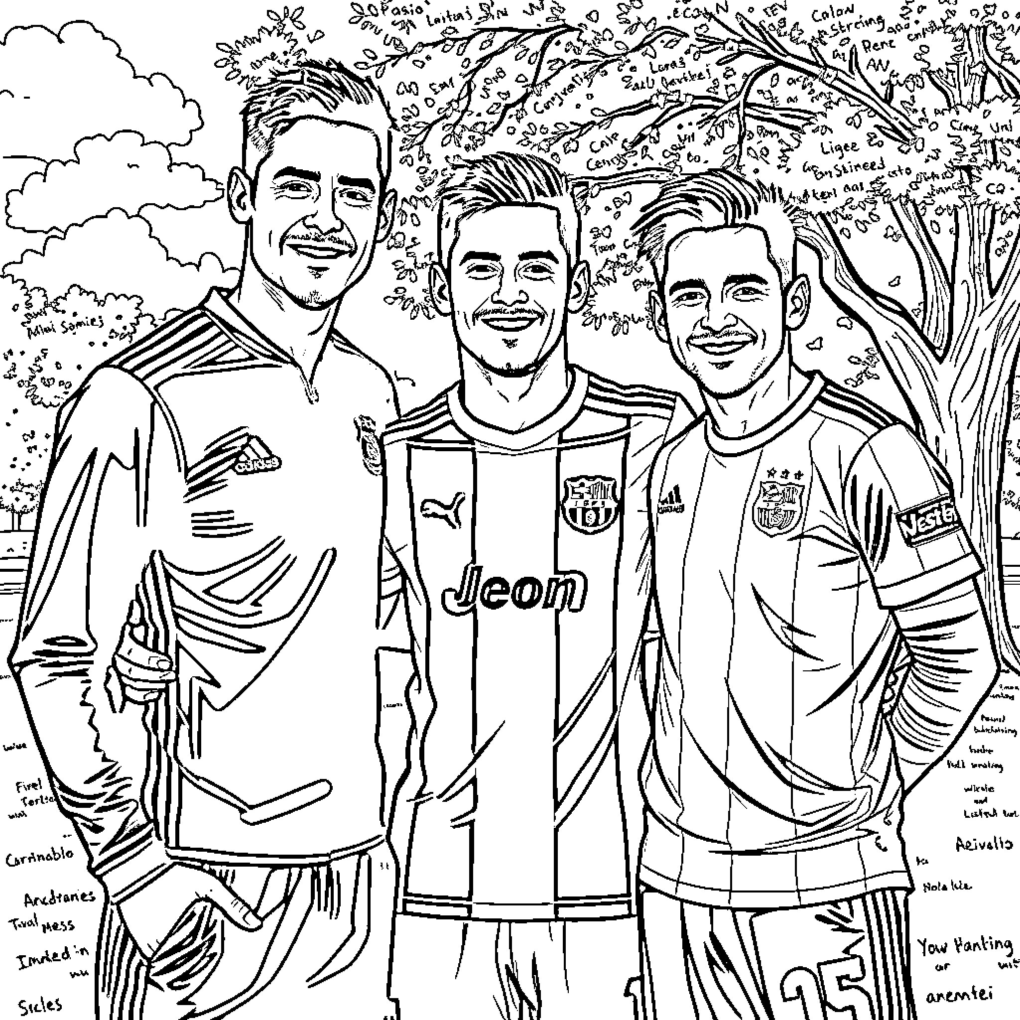 Charles Leclerc and Football Teammates in Action Coloring Page (free black-and-white line drawing printable PDF for all, from beginners to advanced learners, including children, teens, adults, and seniors)
