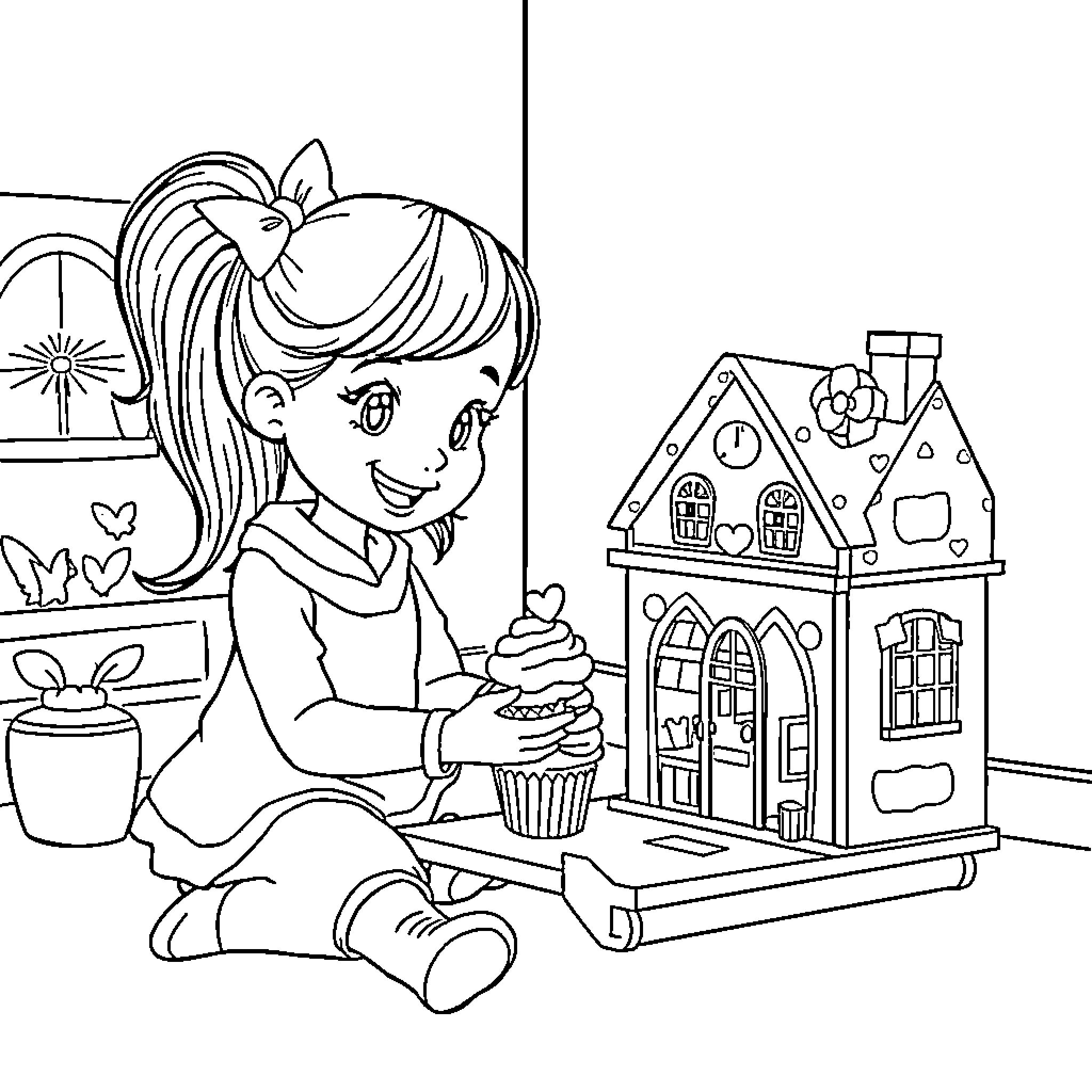Gaby playing with her dollhouse Coloring Page (free black-and-white line drawing printable PDF for all, from beginners to advanced learners, including children, teens, adults, and seniors)