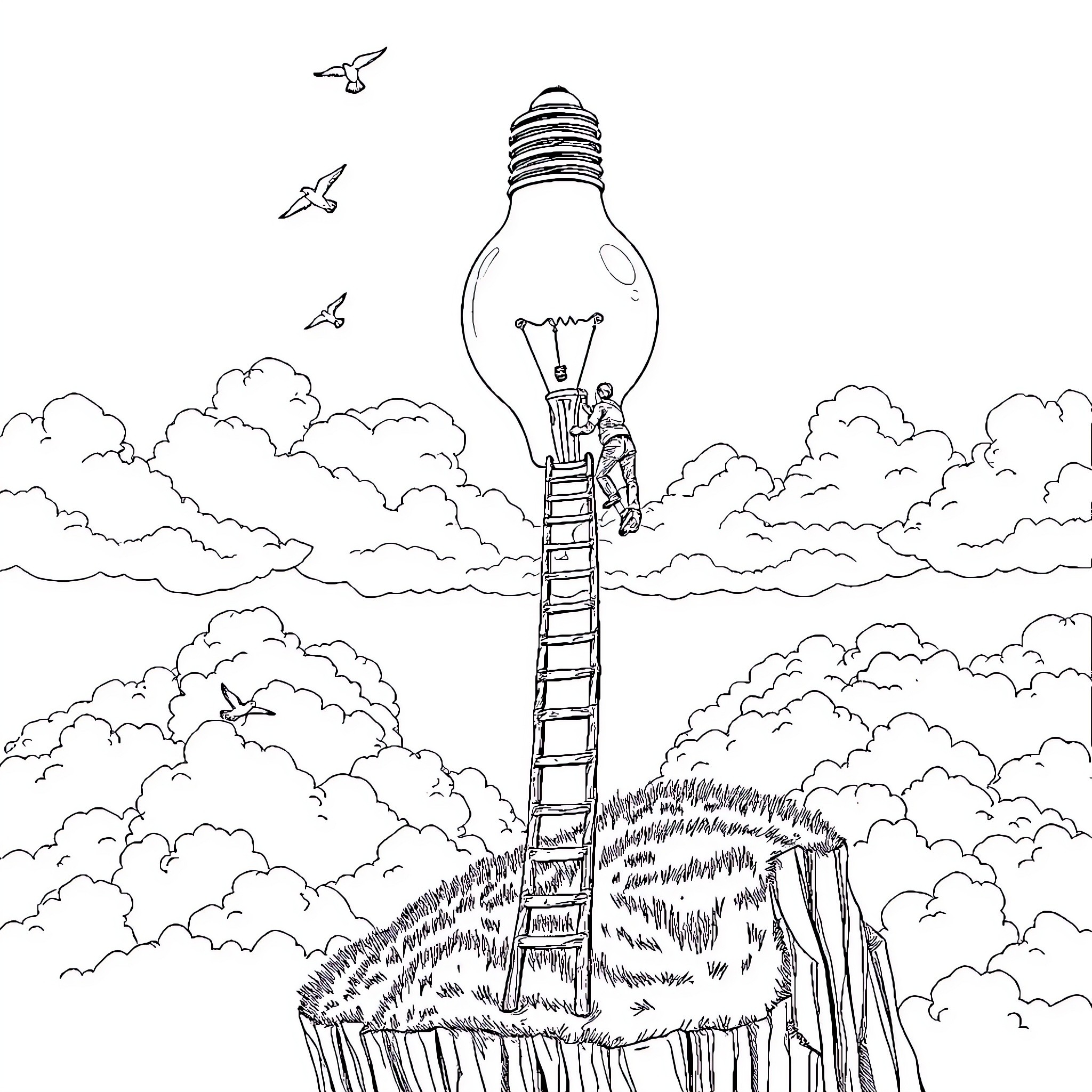 Light Bulb - Climbing to Reach the Sky Coloring Page (free black-and-white line drawing printable PDF for all, from beginners to advanced learners, including children, teens, adults, and seniors)
