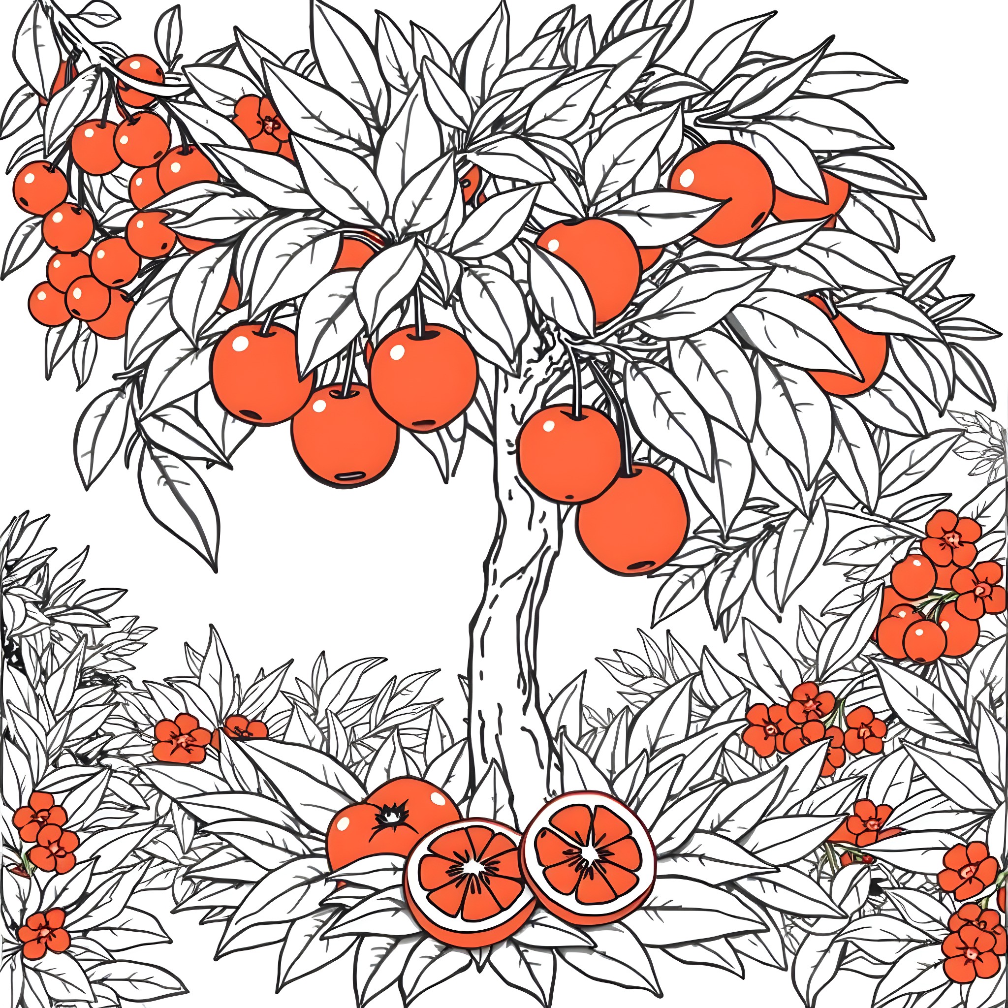 Orange Fruits and Flowers in Abundance Coloring Page (free black-and-white line drawing printable PDF for all, from beginners to advanced learners, including children, teens, adults, and seniors)