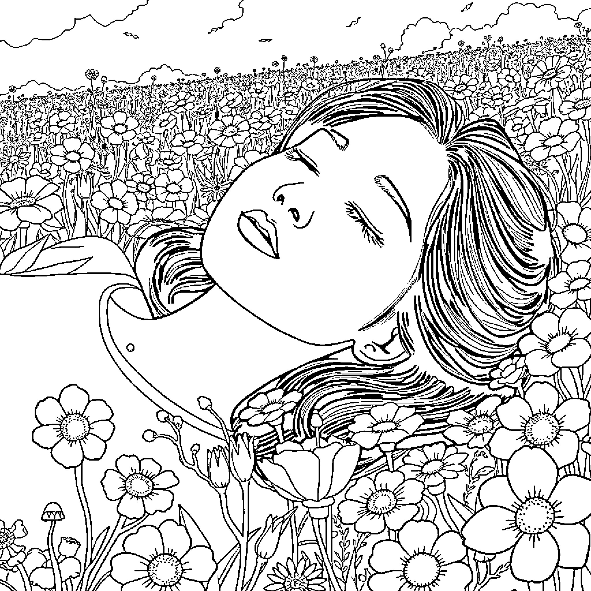 Maomao dreaming in the flower field Coloring Page (free black-and-white line drawing printable PDF for all, from beginners to advanced learners, including children, teens, adults, and seniors)