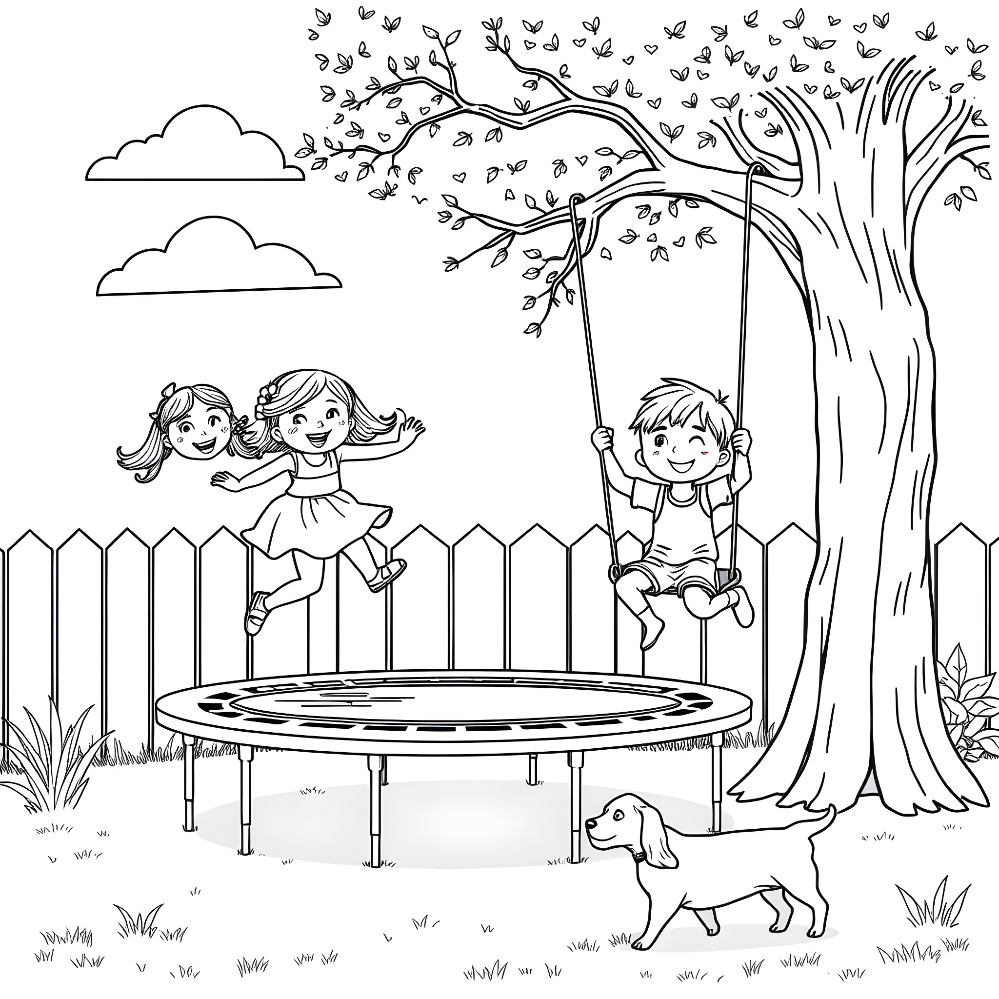 Child's Joyful Play on Trampoline under Tree Coloring Page (free black-and-white line drawing printable PDF for all, from beginners to advanced learners, including children, teens, adults, and seniors)