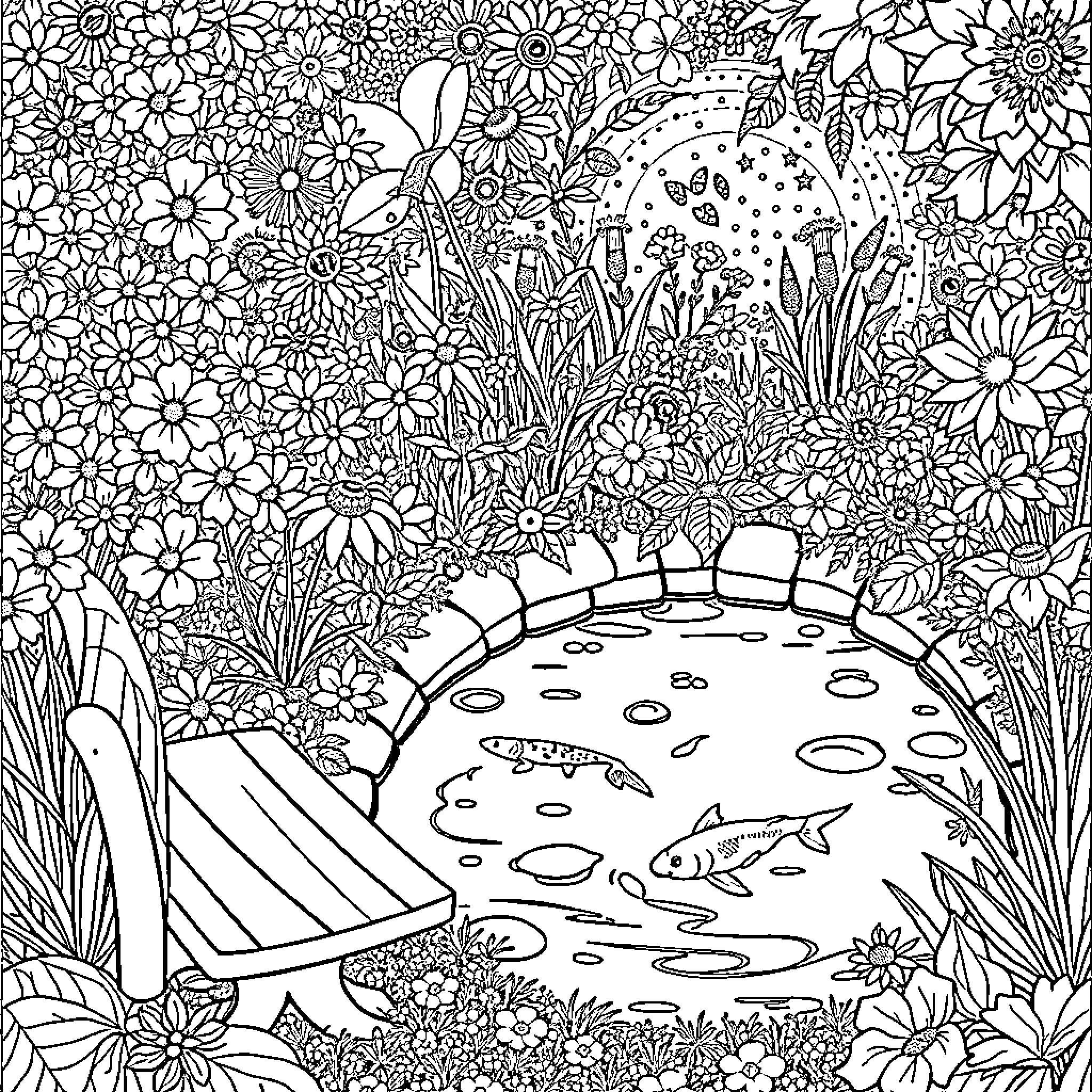 Flower Garden with Whimsical Elements Coloring Page (free black-and-white line drawing printable PDF for all, from beginners to advanced learners, including children, teens, adults, and seniors)