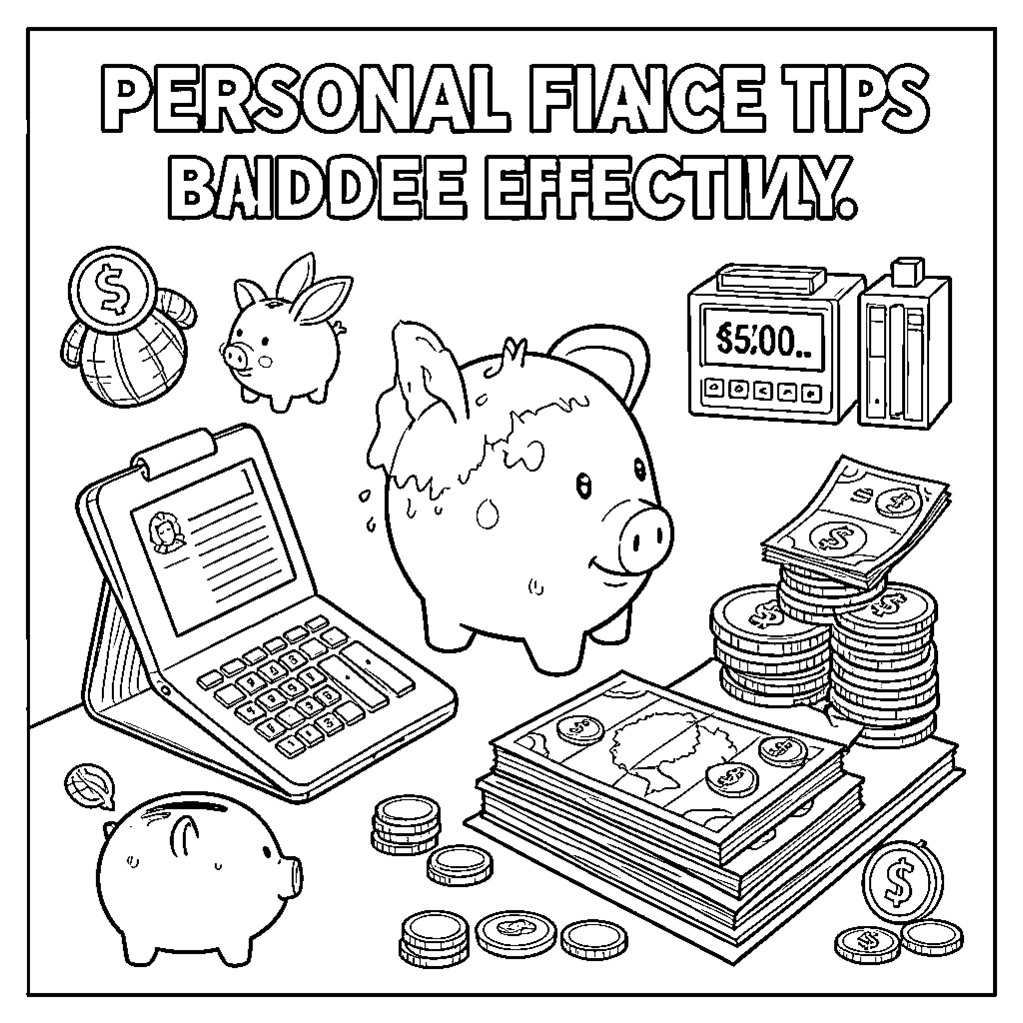 Finance tips for effectively managing personal finances Coloring Page (free black-and-white line drawing printable PDF for all, from beginners to advanced learners, including children, teens, adults, and seniors)